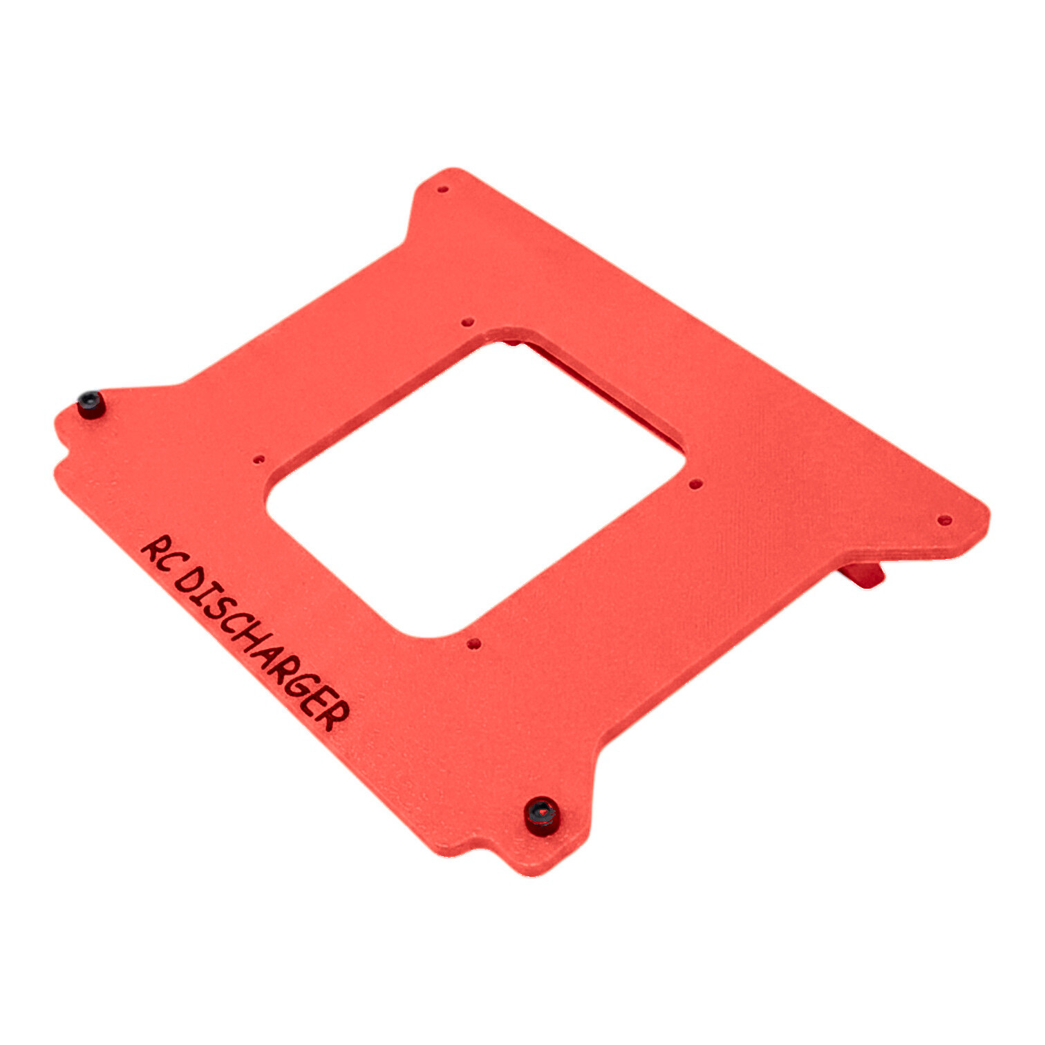 Red anodized aluminum RCDischarger mounting plate with rectangular cutout and screw holes on white background