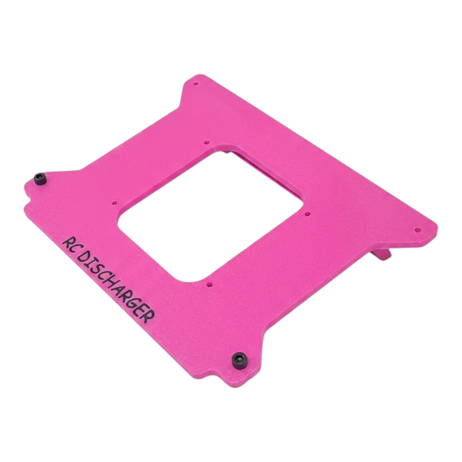 Pink anodized aluminum RC Discharger mounting plate with center cutout and screw holes on white background