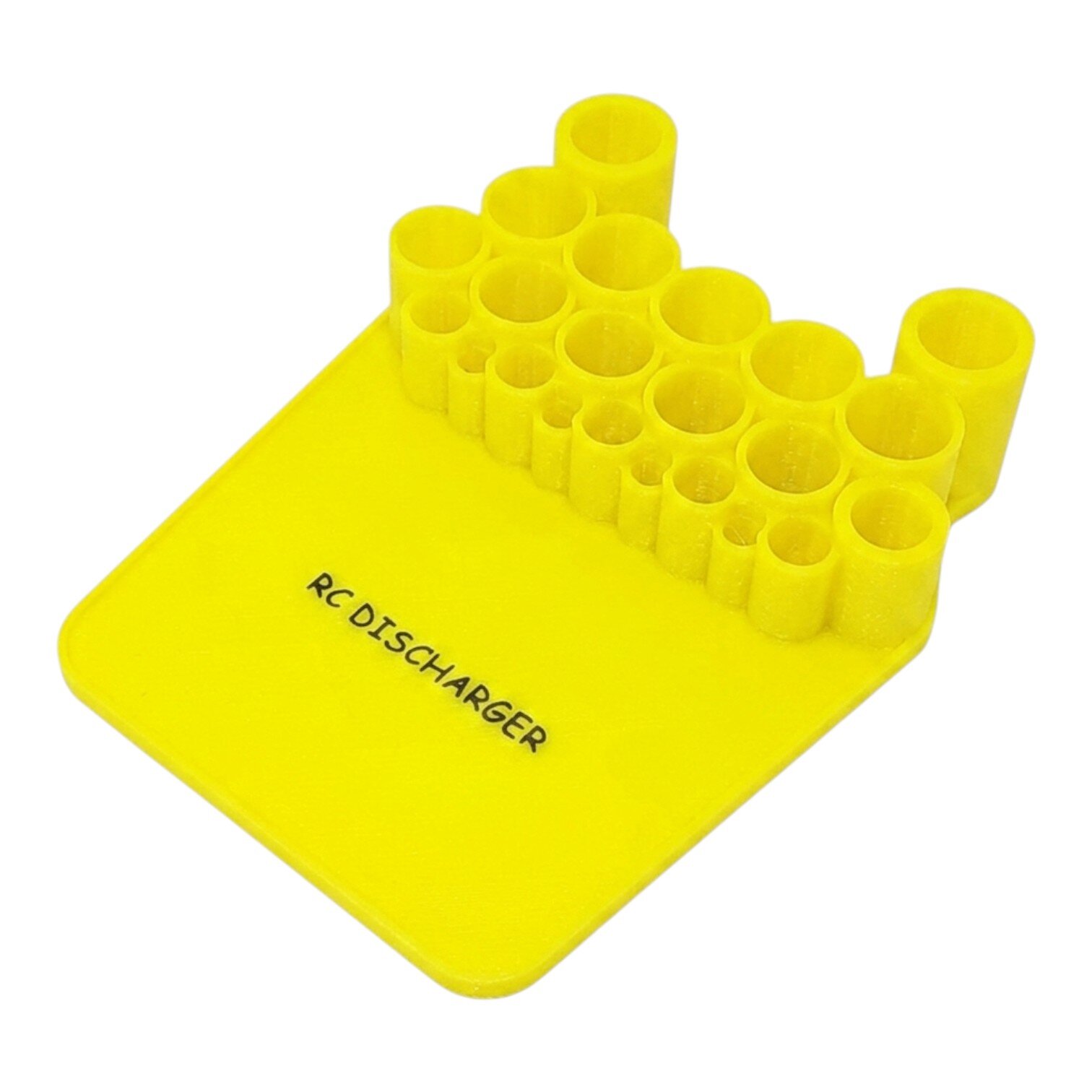 Yellow RC discharger plug board with multiple round connector sockets for RC battery discharge leads