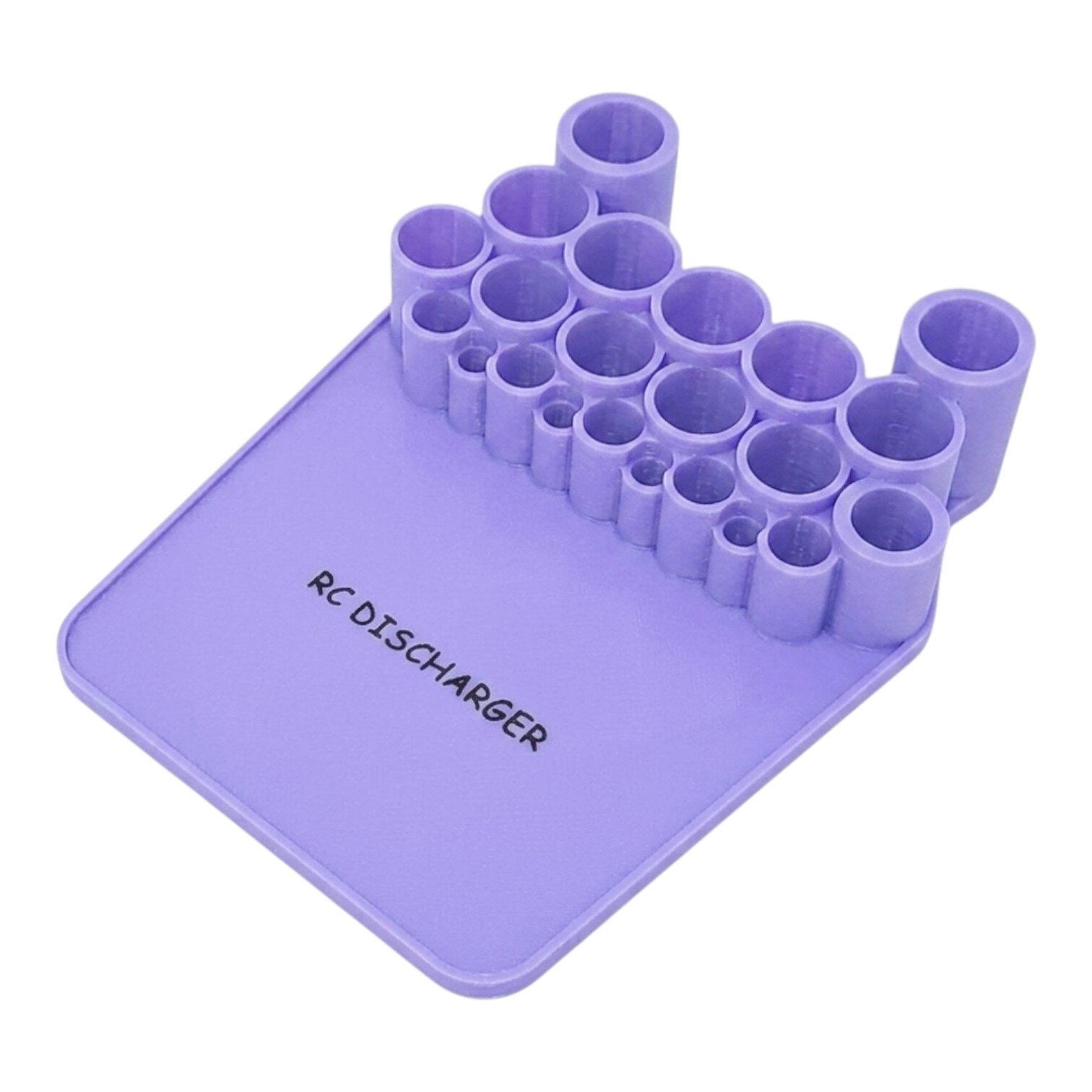 Purple RC discharger stand with multiple tube holes for holding RC battery connectors and wires