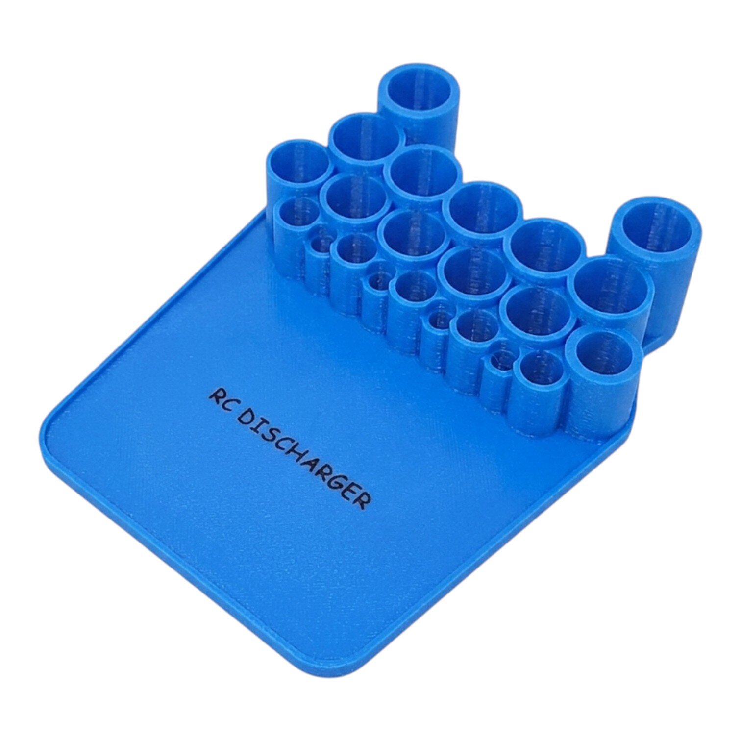 Blue RC discharger plug holder with multiple circular slots for RC battery connectors on a flat base plate