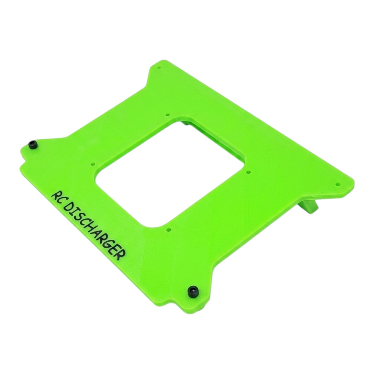 Green 3D-printed RCDischarger mounting plate with center cutout and screw holes on white background