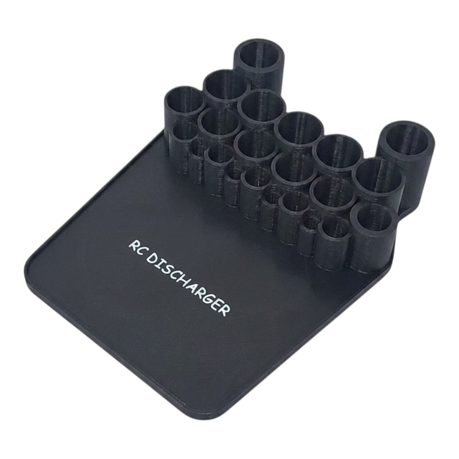 Black RC discharger connector holder stand with multiple cylindrical slots on a flat base labeled RC DISCHARGER
