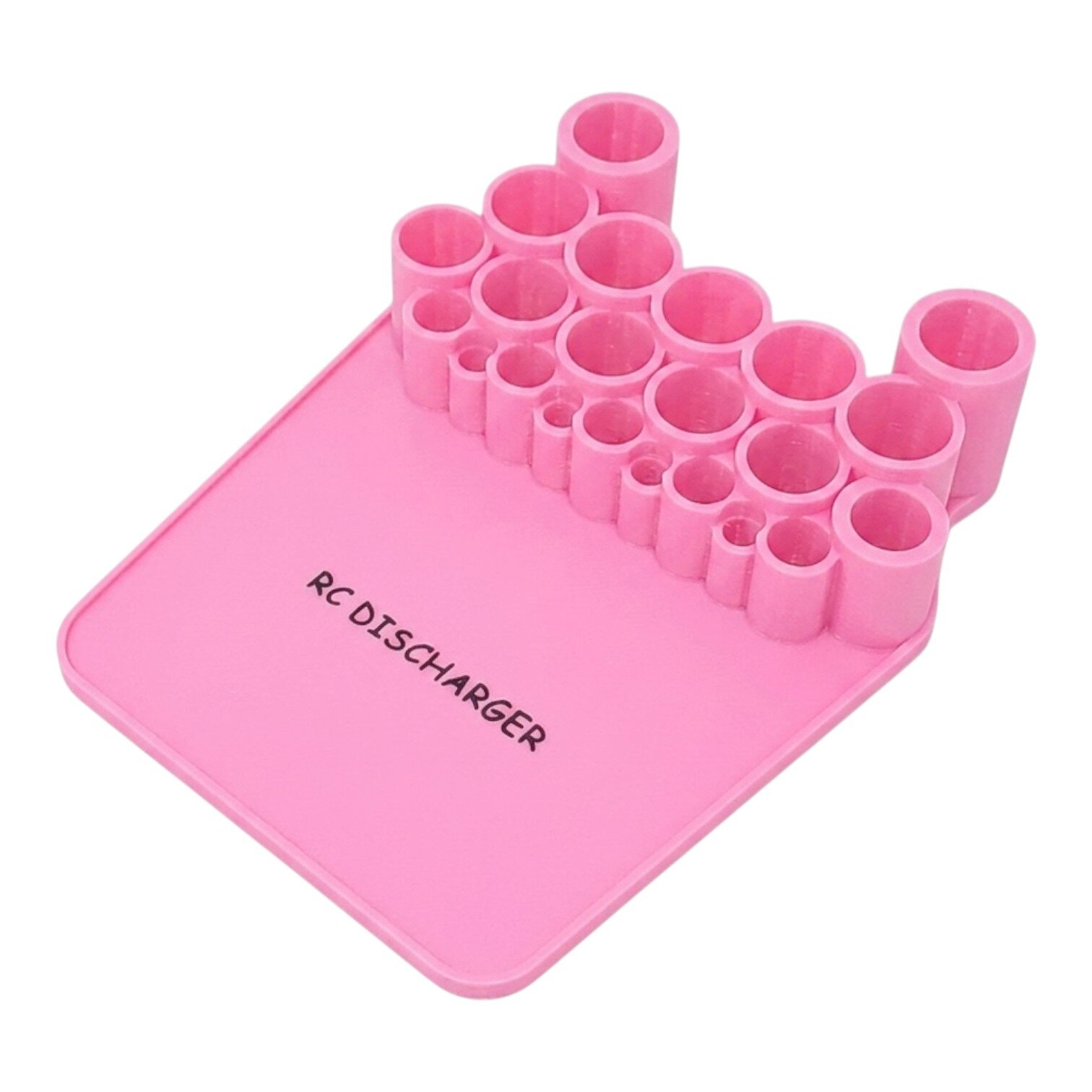 Pink RC discharger tool with multiple circular ports for battery connectors on a flat base labeled "RC DISCHARGER