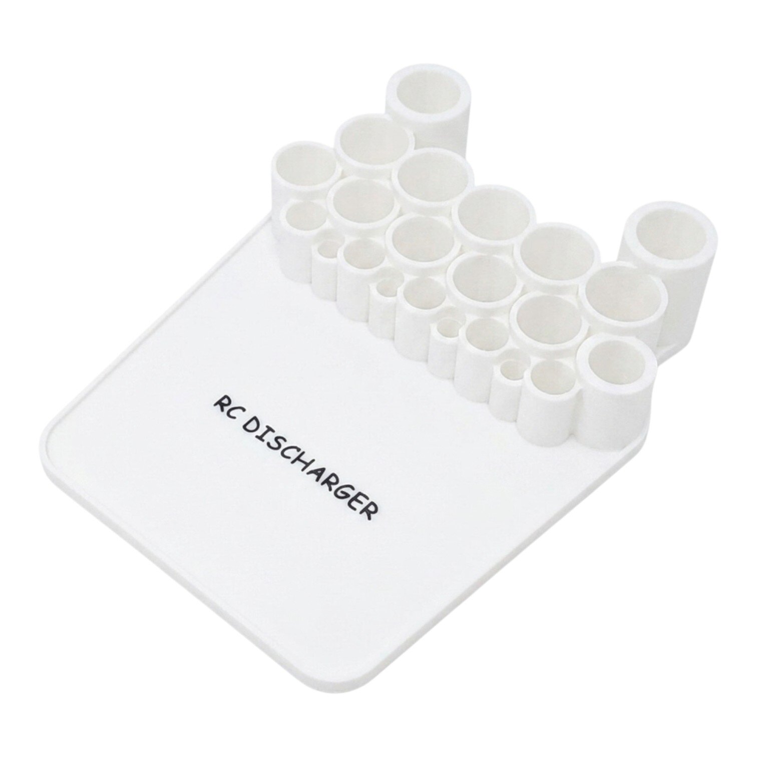 White RC discharger tool with multiple round ports for different battery connector sizes on a clear acrylic base