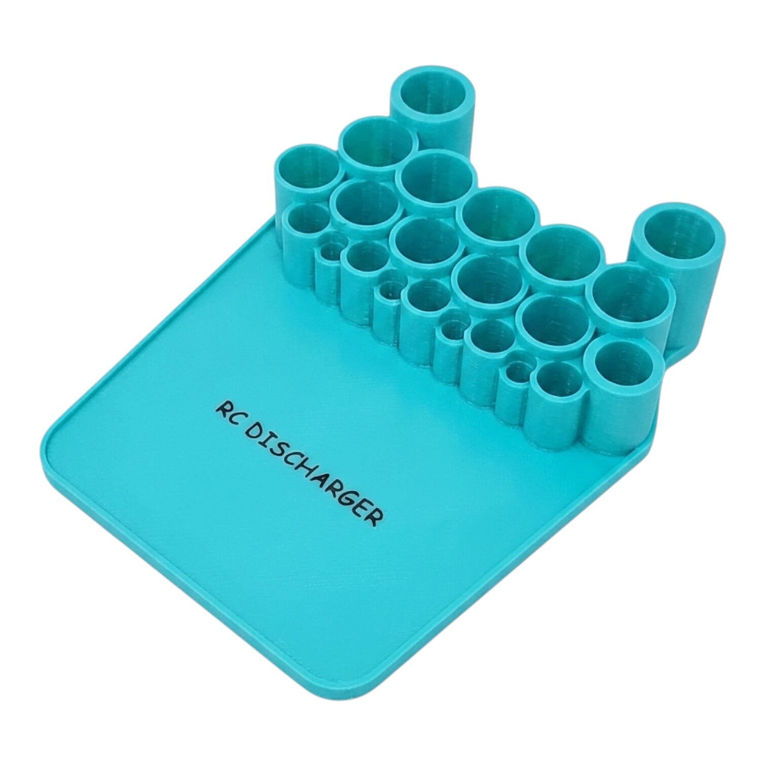 Teal RC discharger plug holder board with multiple circular connector slots for RC battery discharge leads