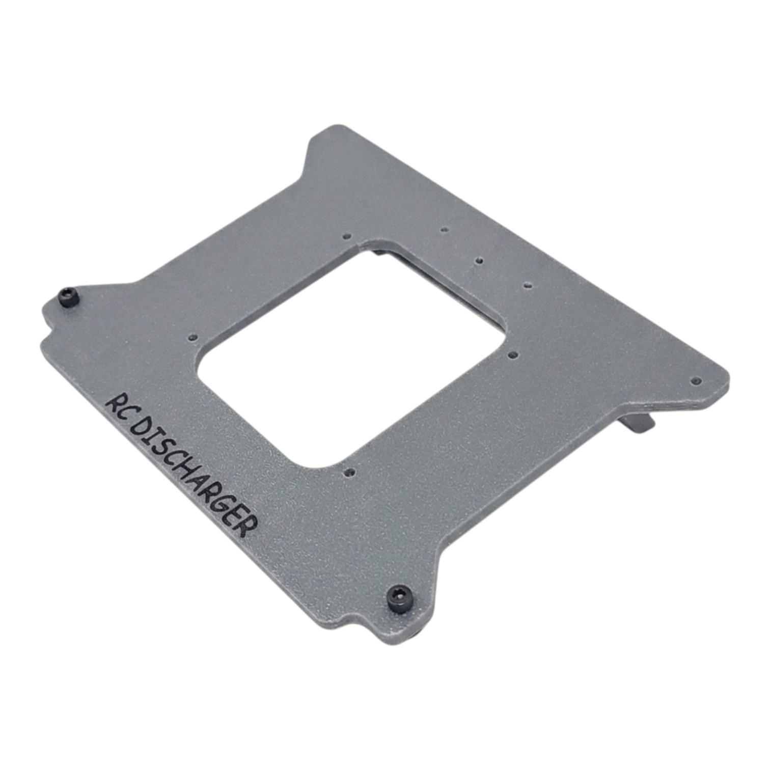 Gray RCDischarger metal mounting plate bracket with center cutout and screw holes on white background