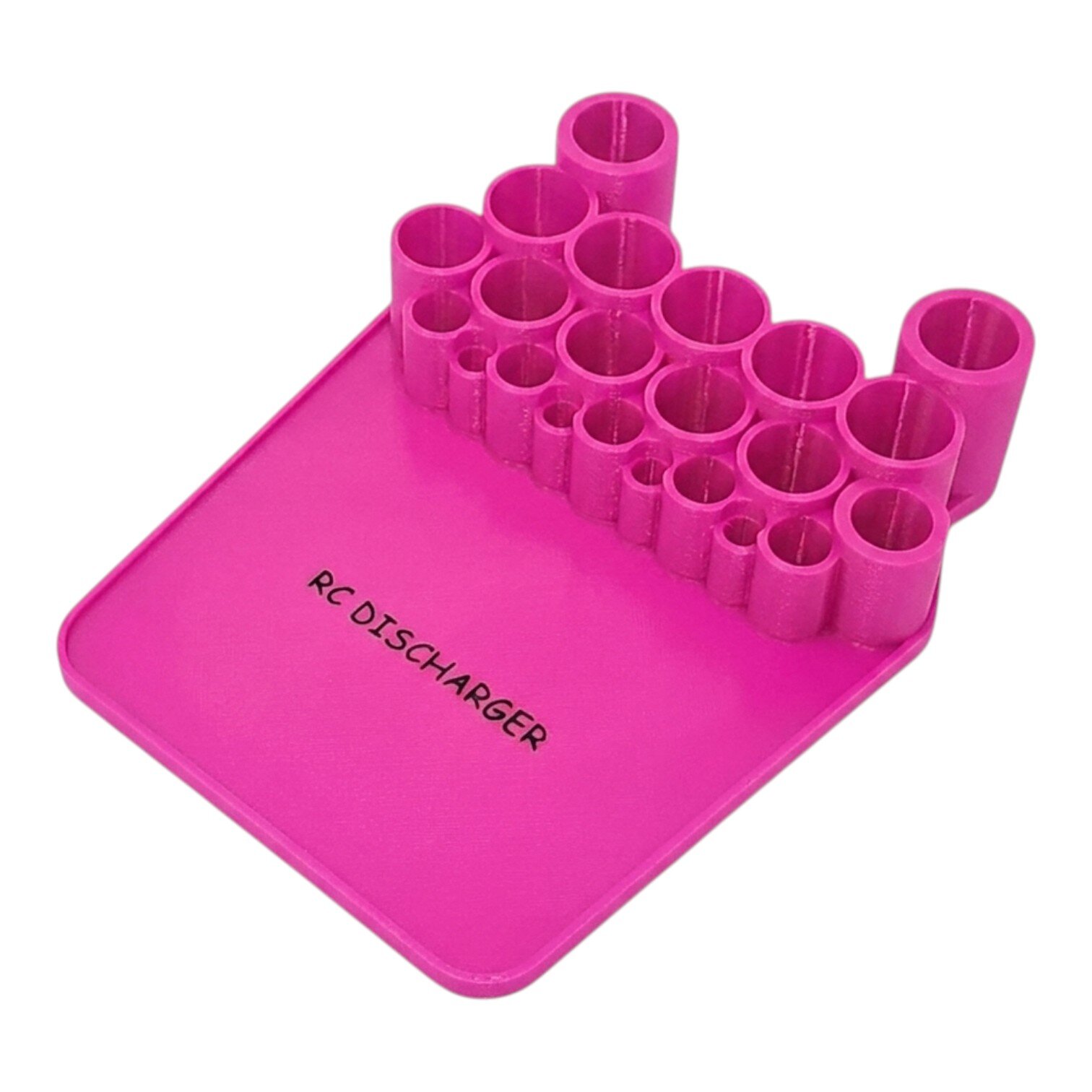 Pink RC discharger tool with multiple cylindrical ports for battery connectors on a flat base labeled "RC DISCHARGER