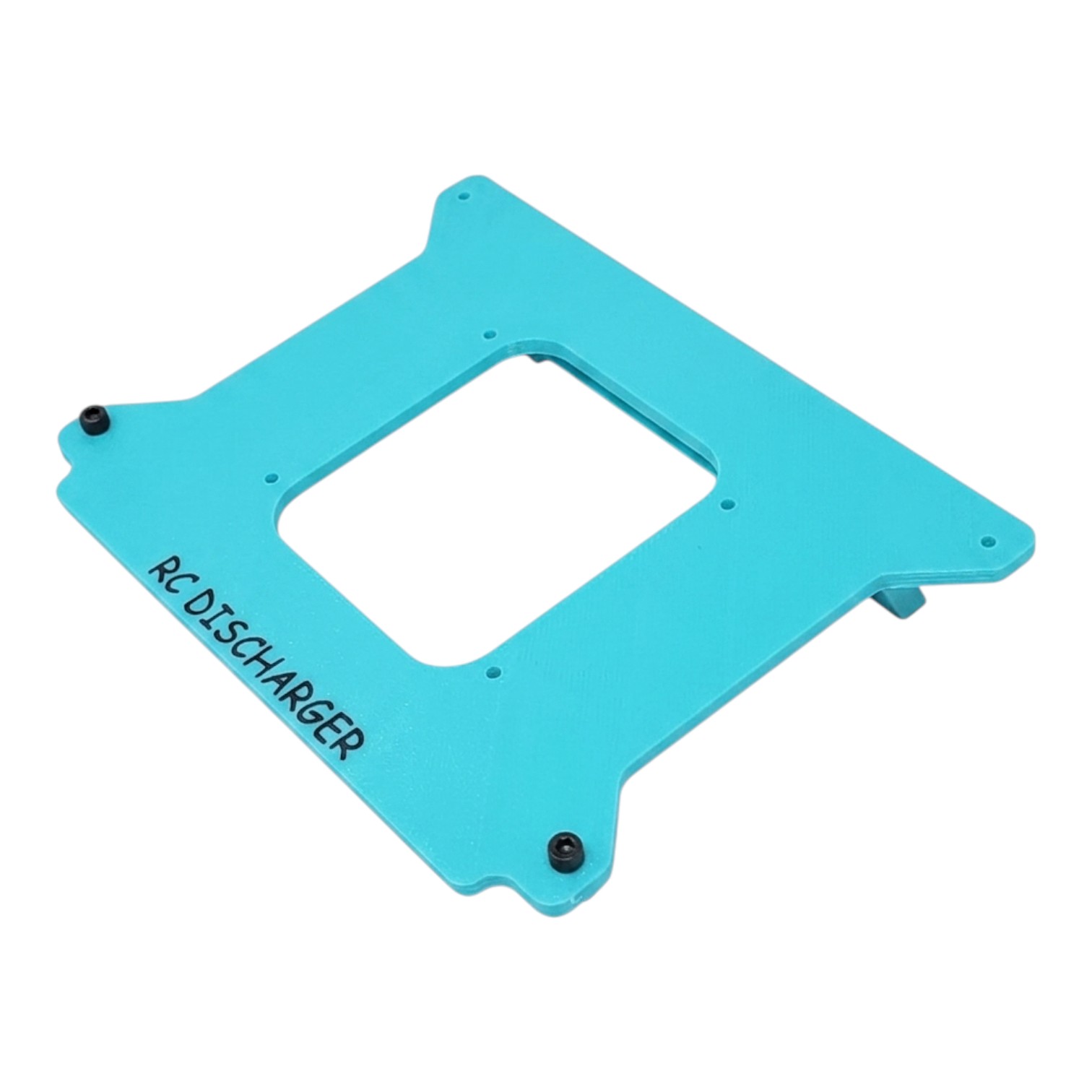 Turquoise RCDischarger mounting plate with center cutout and screw holes, isolated on white background