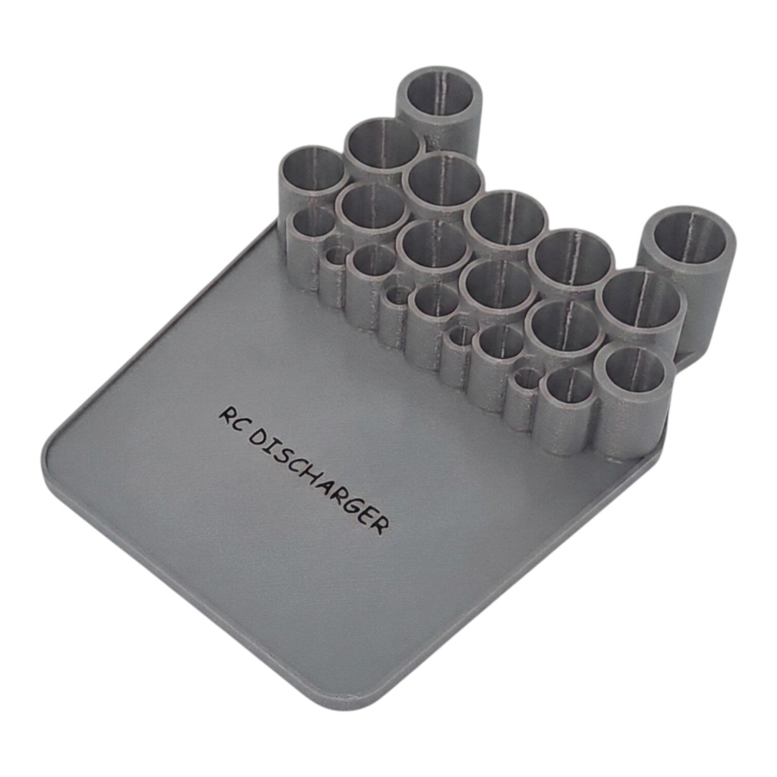 Gray RC discharger stand with multiple cylindrical holders for RC battery connectors and leads