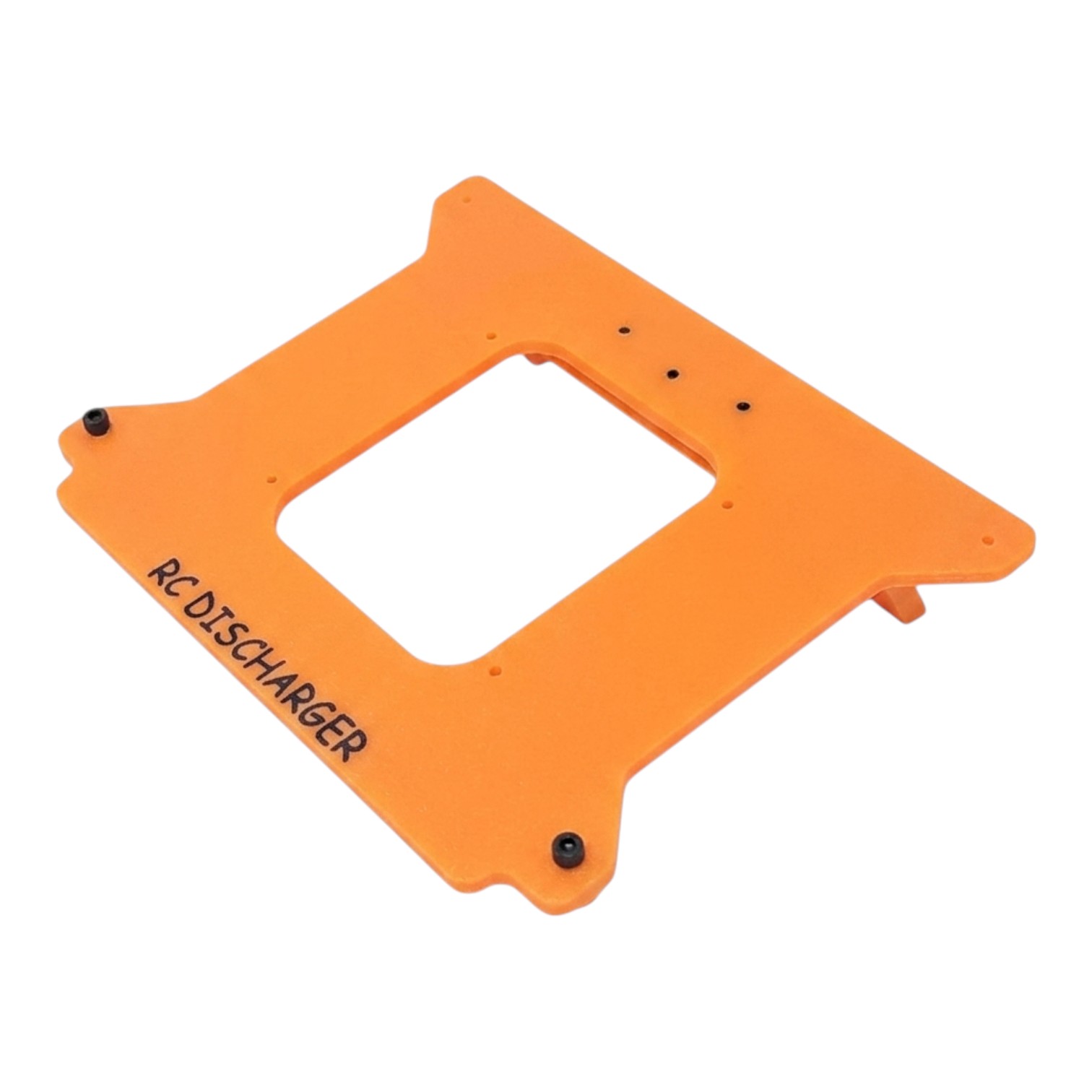 Orange RCDischarger mounting plate bracket with center cutout and screw holes for RC battery discharger setup