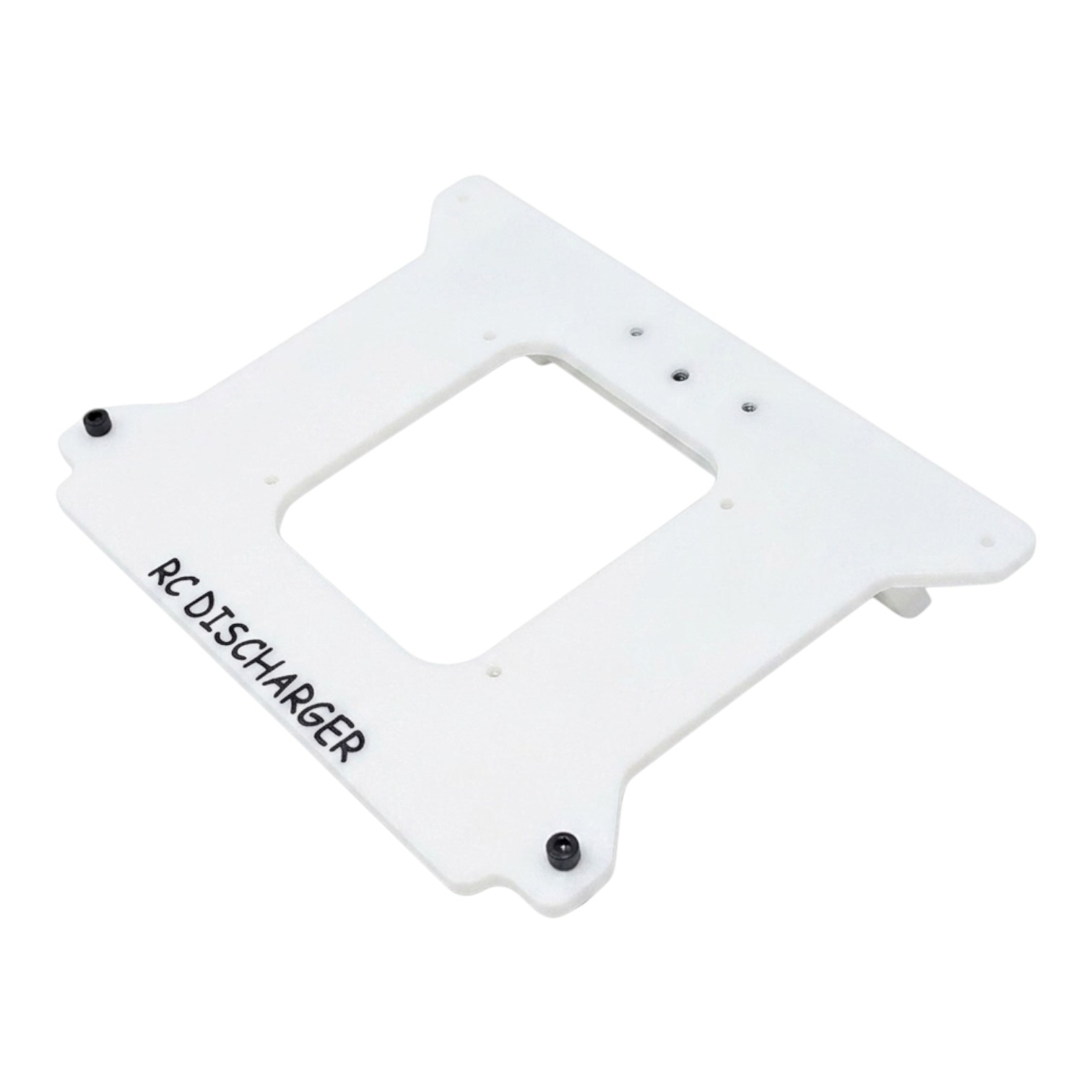 White RCDischarger mounting plate with rectangular cutout and screw holes on a white background