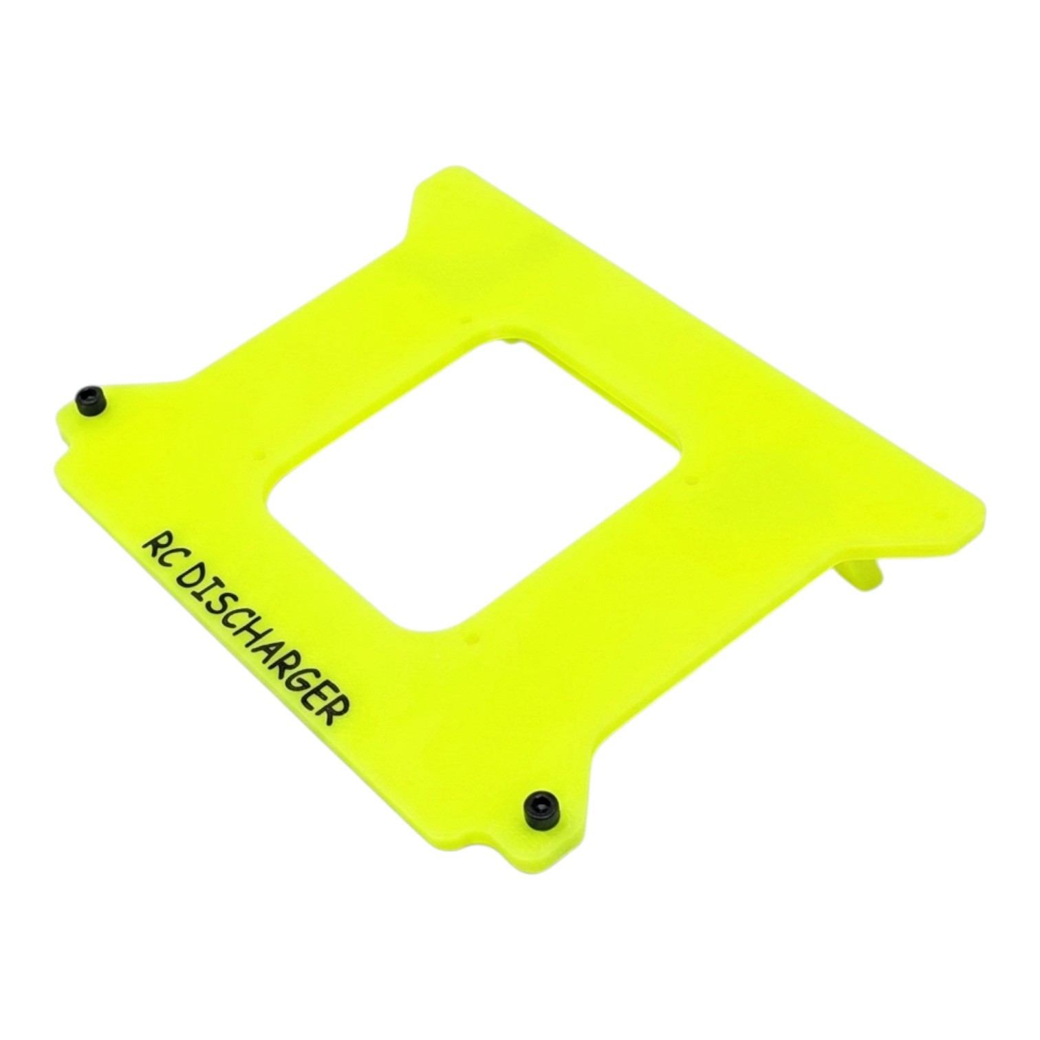 Neon yellow RC Discharger battery discharger plate with center cutout and black screws on white background