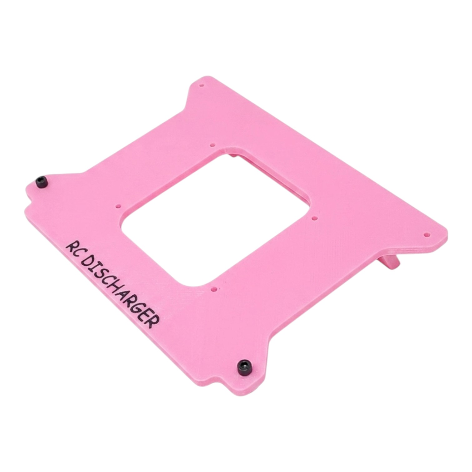 Pink RCDischarger charging stand base plate with center cutout and mounting holes on white background