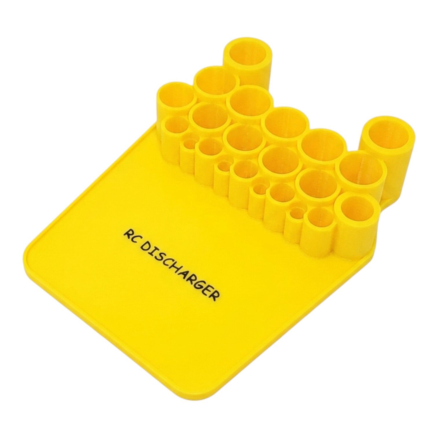 Yellow RC discharger plug holder board with multiple round connector sockets for RC battery discharge leads