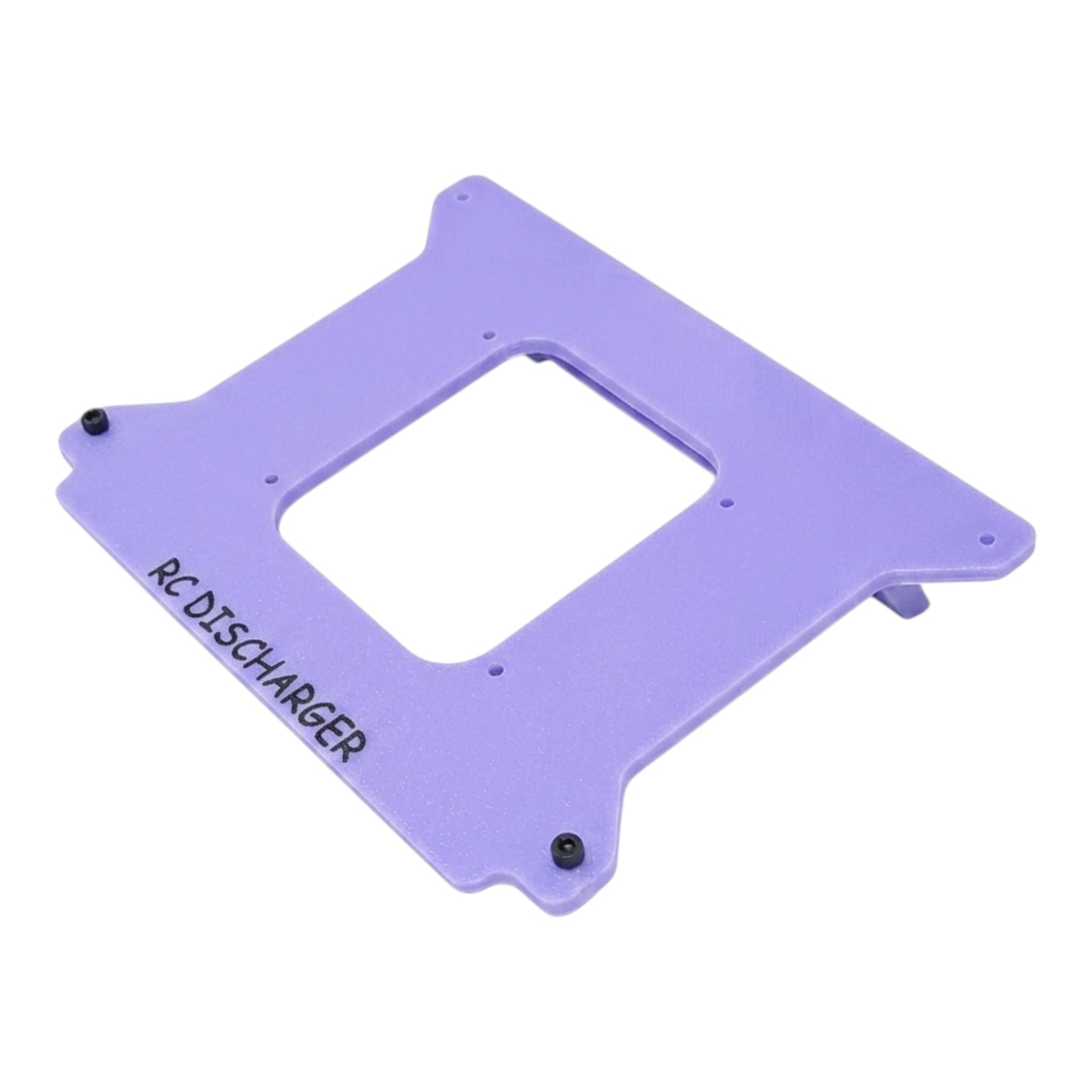 Purple RCDischarger battery discharger mounting plate with center cutout and screw holes on white background