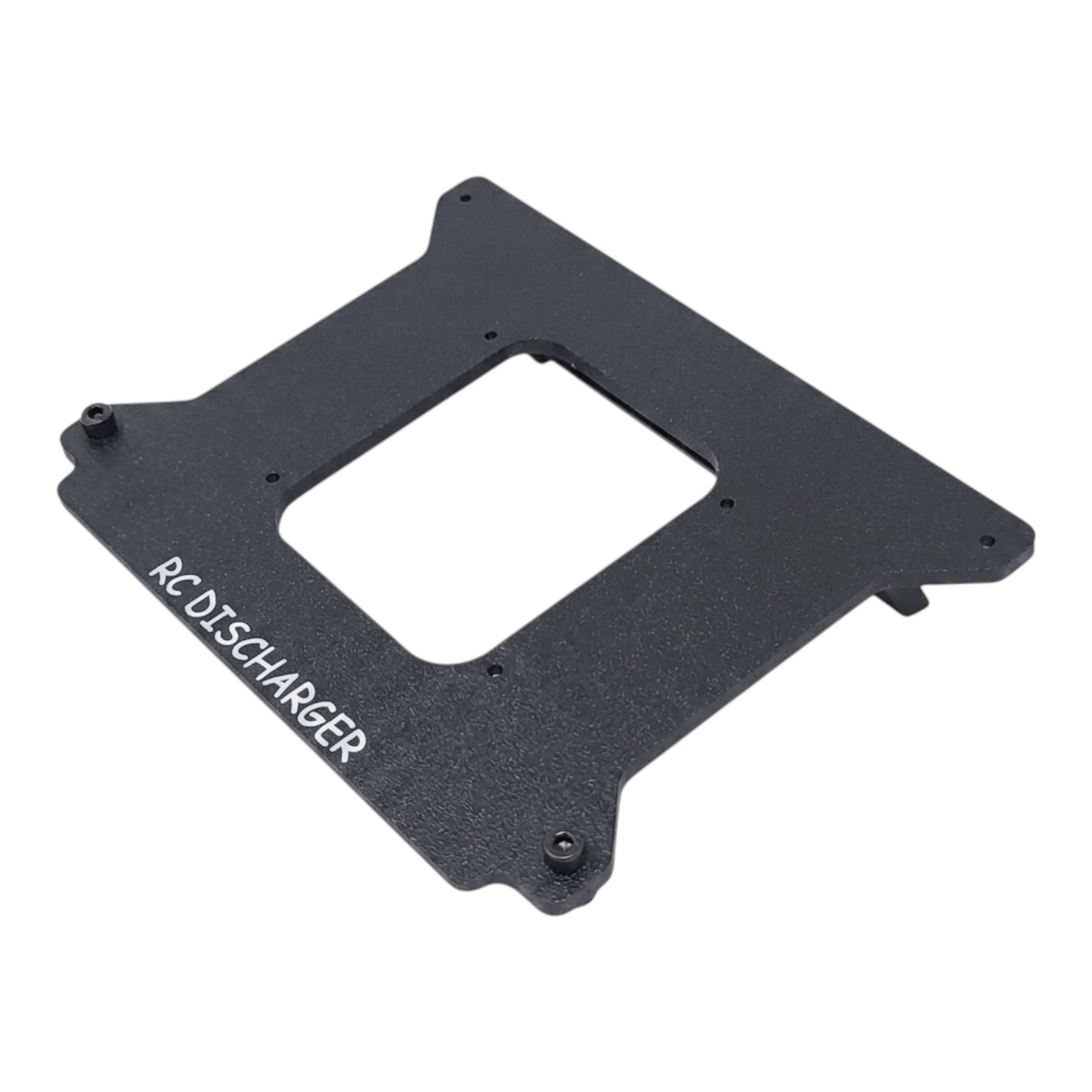 Black metal RCDischarger mounting plate bracket with center cutout and screw holes on white background