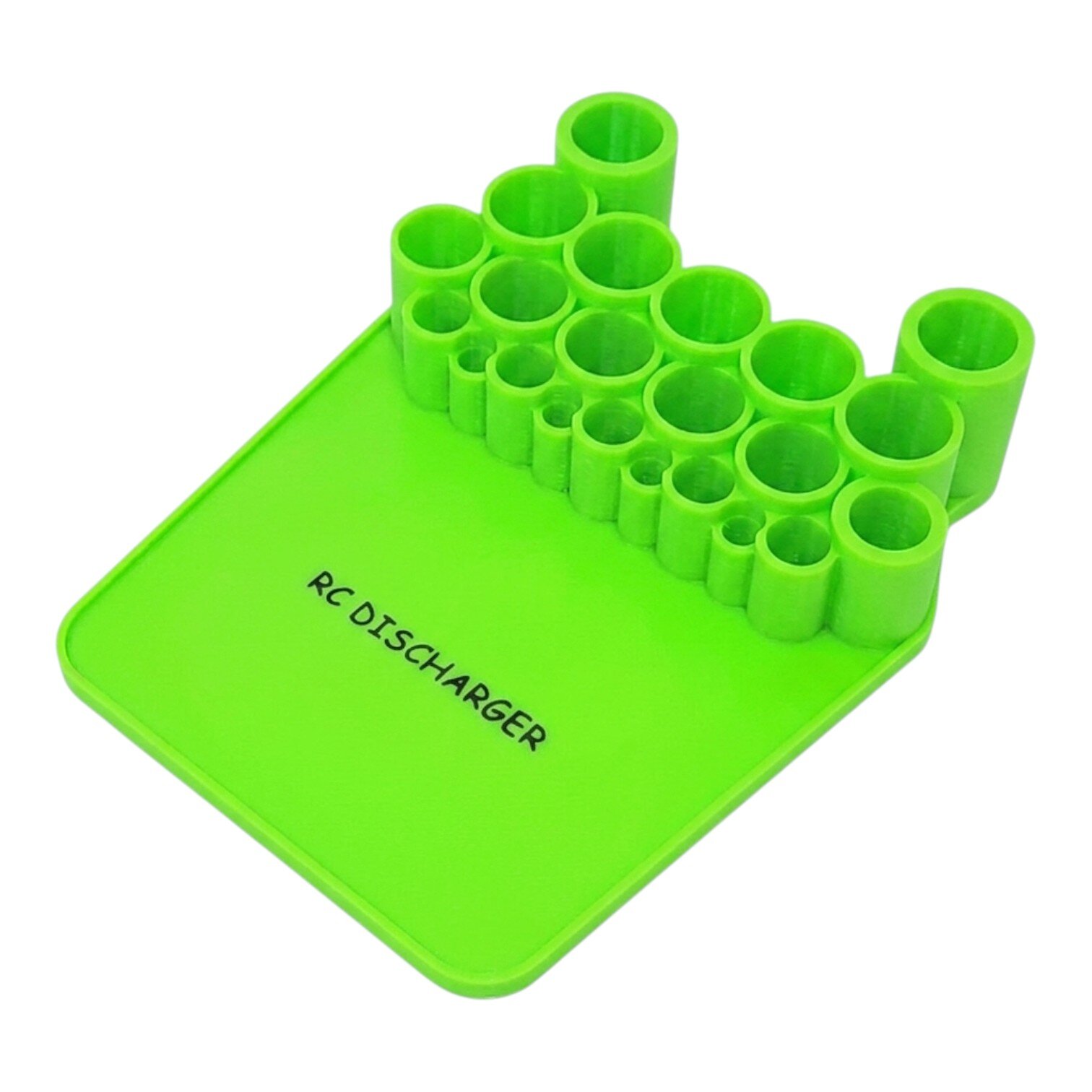 Green RC discharger stand with multiple tube slots for RC car battery connectors and plugs