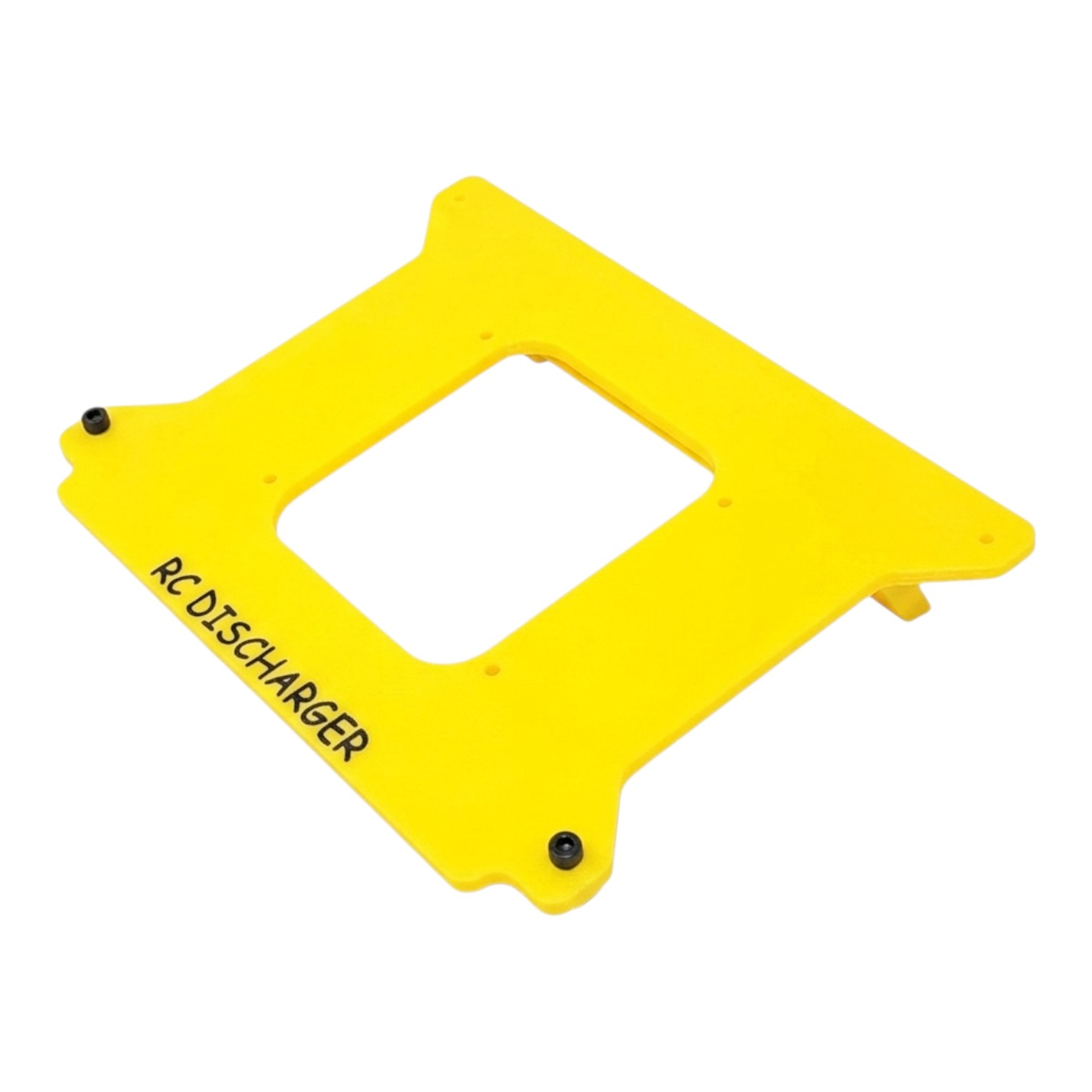 Yellow RCDischarger battery discharger mounting plate with center cutout and black screws on white background