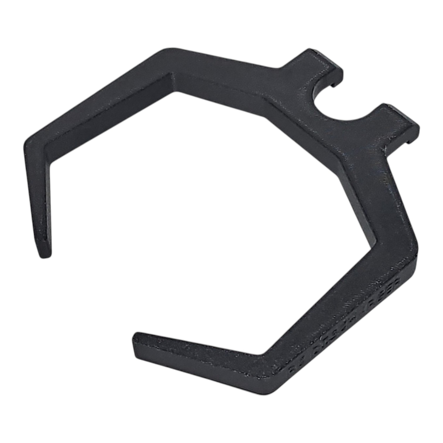 Black plastic mounting bracket with U-shaped clip and rectangular frame on white background
