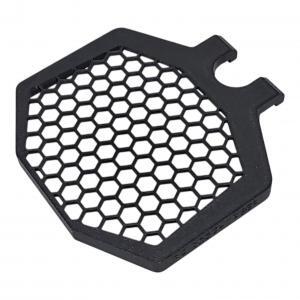 Black hexagonal honeycomb mesh grille cover with U-shaped cutout, isolated on white background