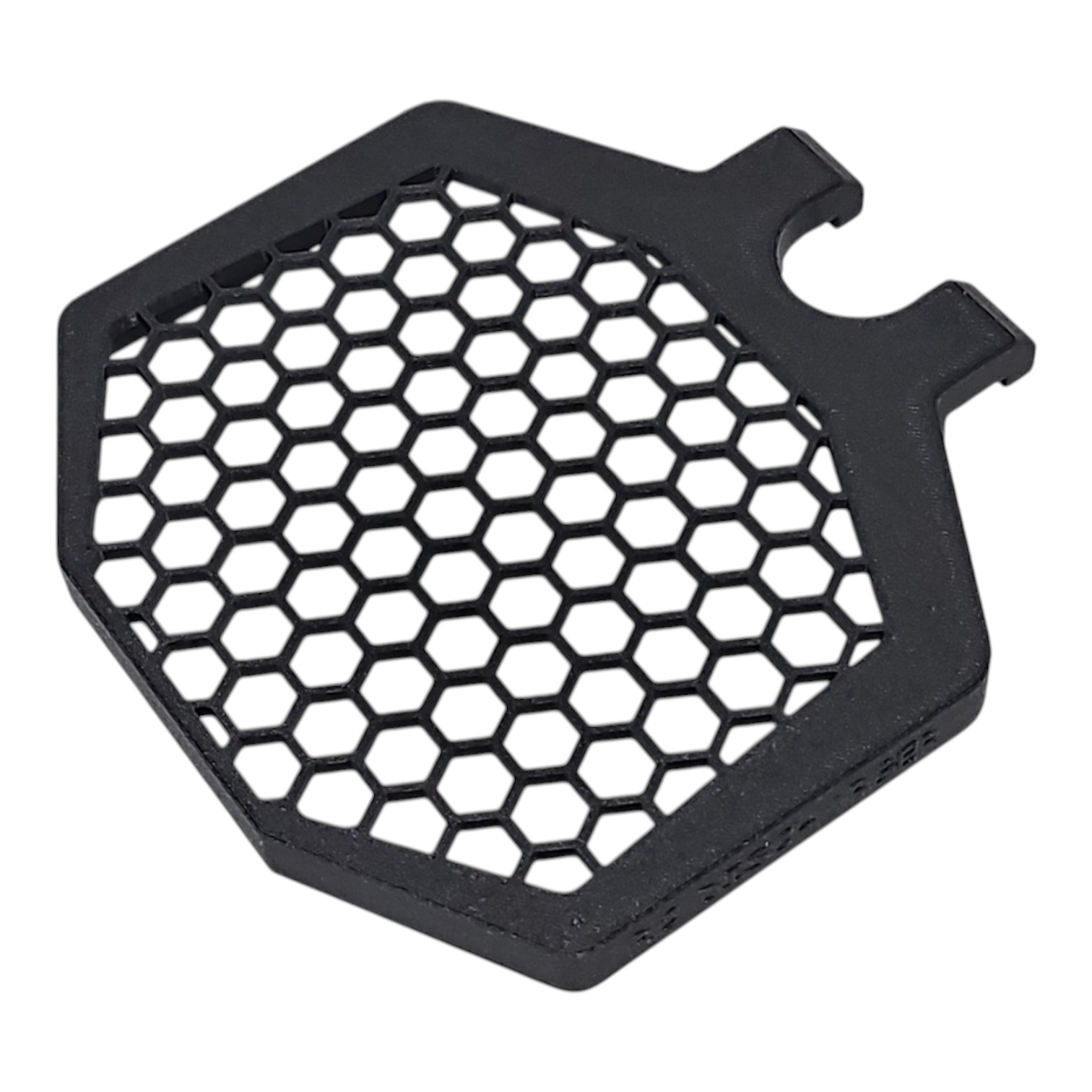Black hexagonal honeycomb mesh grille cover with U-shaped cutout, isolated on white background