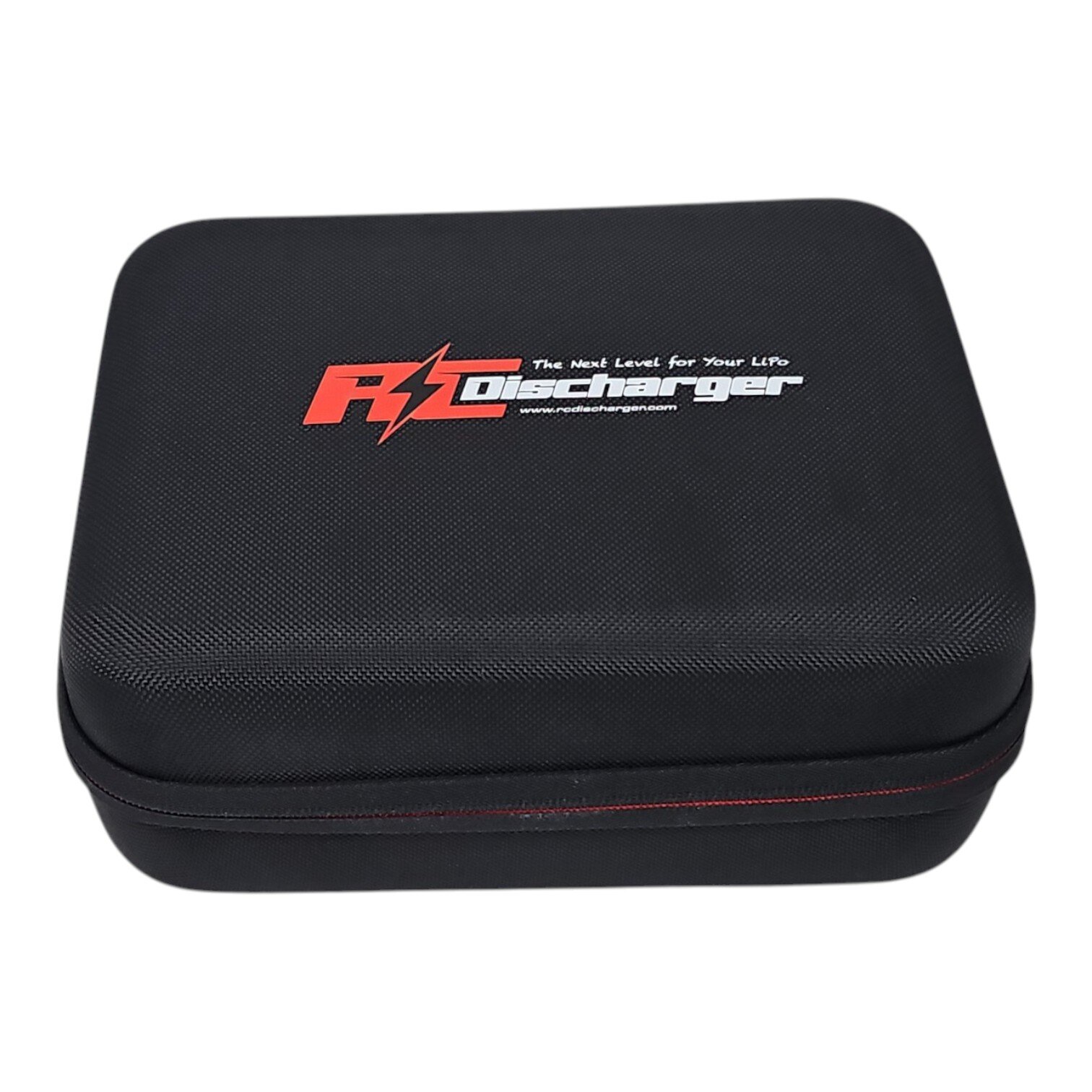 Black hard carrying case with RCDischarger logo for LiPo battery charger on white background