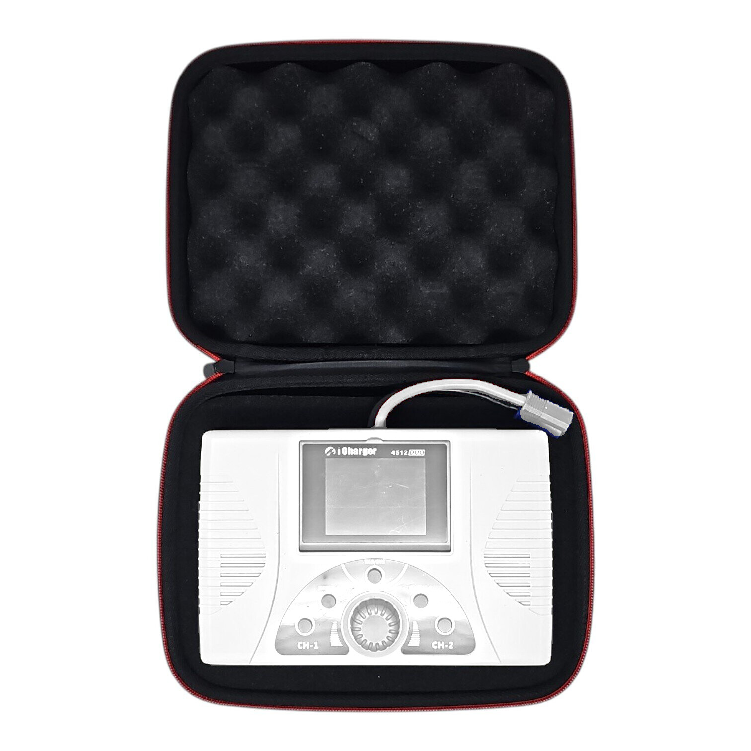 iCharger 4512 Duo battery charger in open padded carrying case with connector cable and dual channel controls
