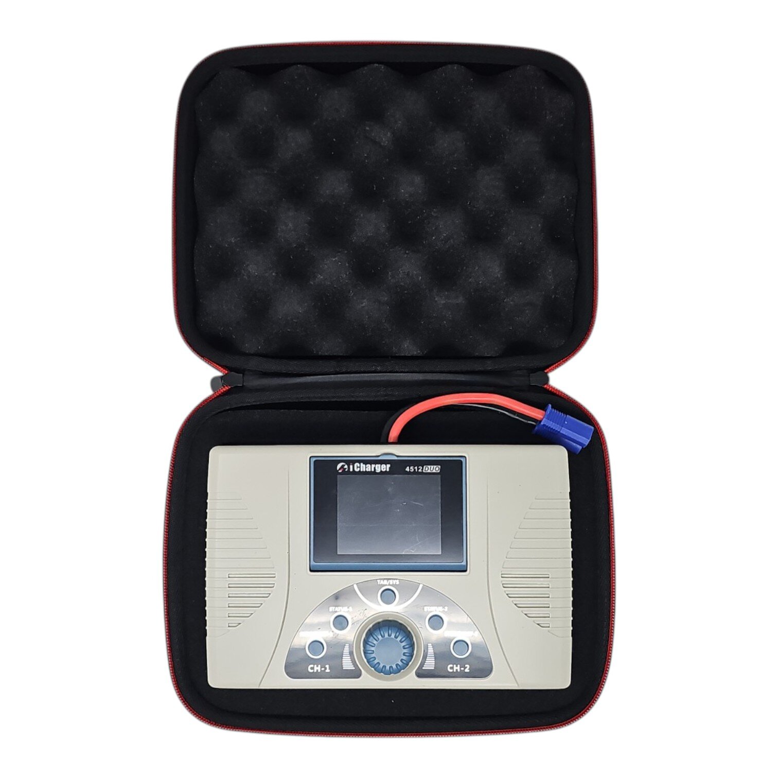 iCharger 4512 Duo RC battery charger in a padded zippered carrying case with blue connector cable