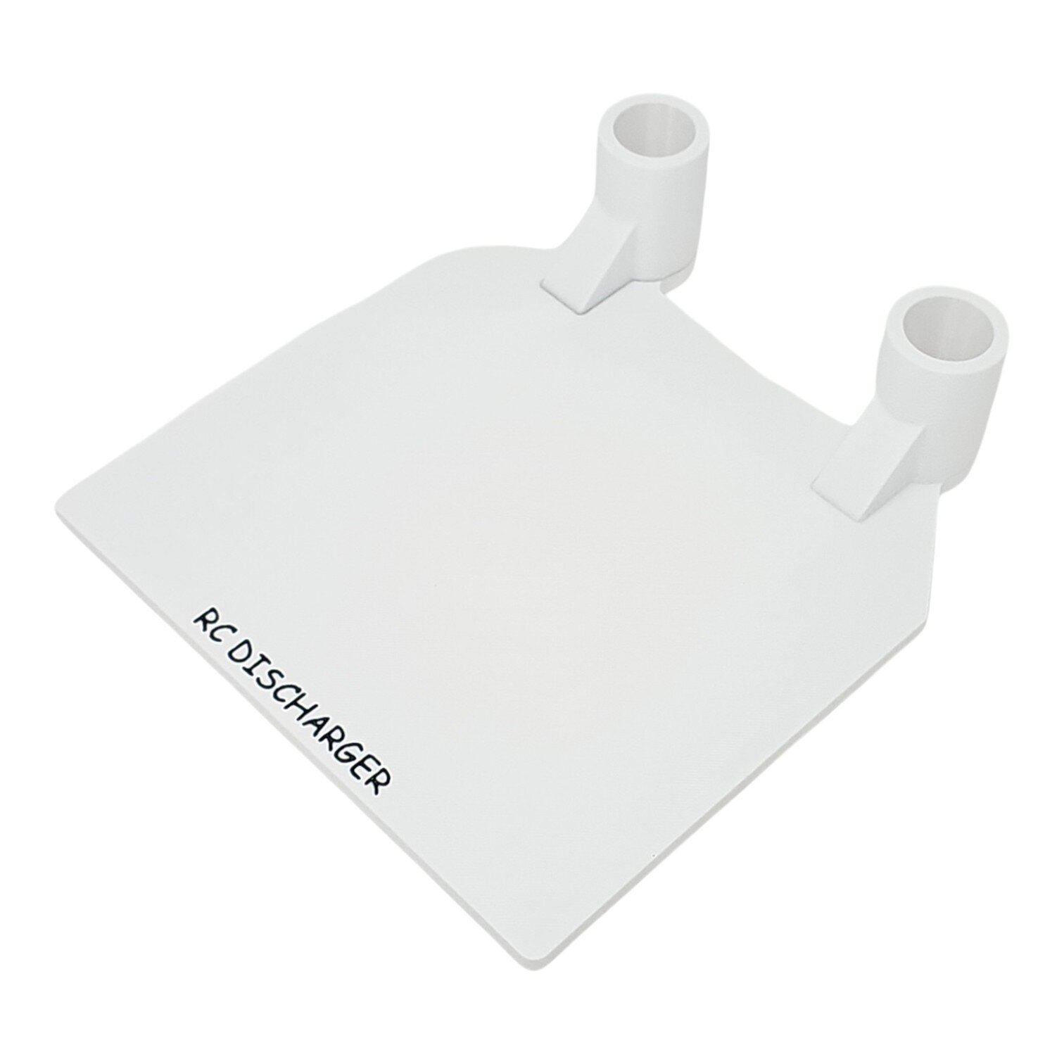 White plastic RC discharger tray with two cylindrical tube holders on a clean background