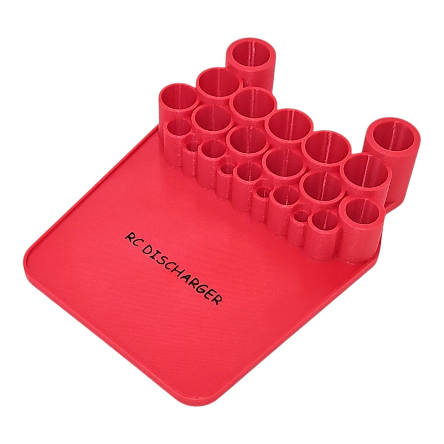 Red RC discharge connector holder stand with multiple circular slots on a flat base labeled “RC DISCHARGER”