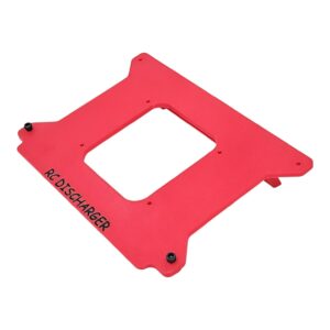 Red anodized aluminum RC Discharger mounting plate with center cutout and screw holes on white background