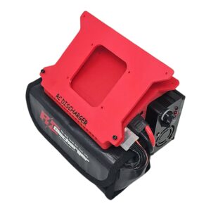 Red RC discharger unit mounted on a black battery pack with cooling fan and wiring harness, isolated on white background