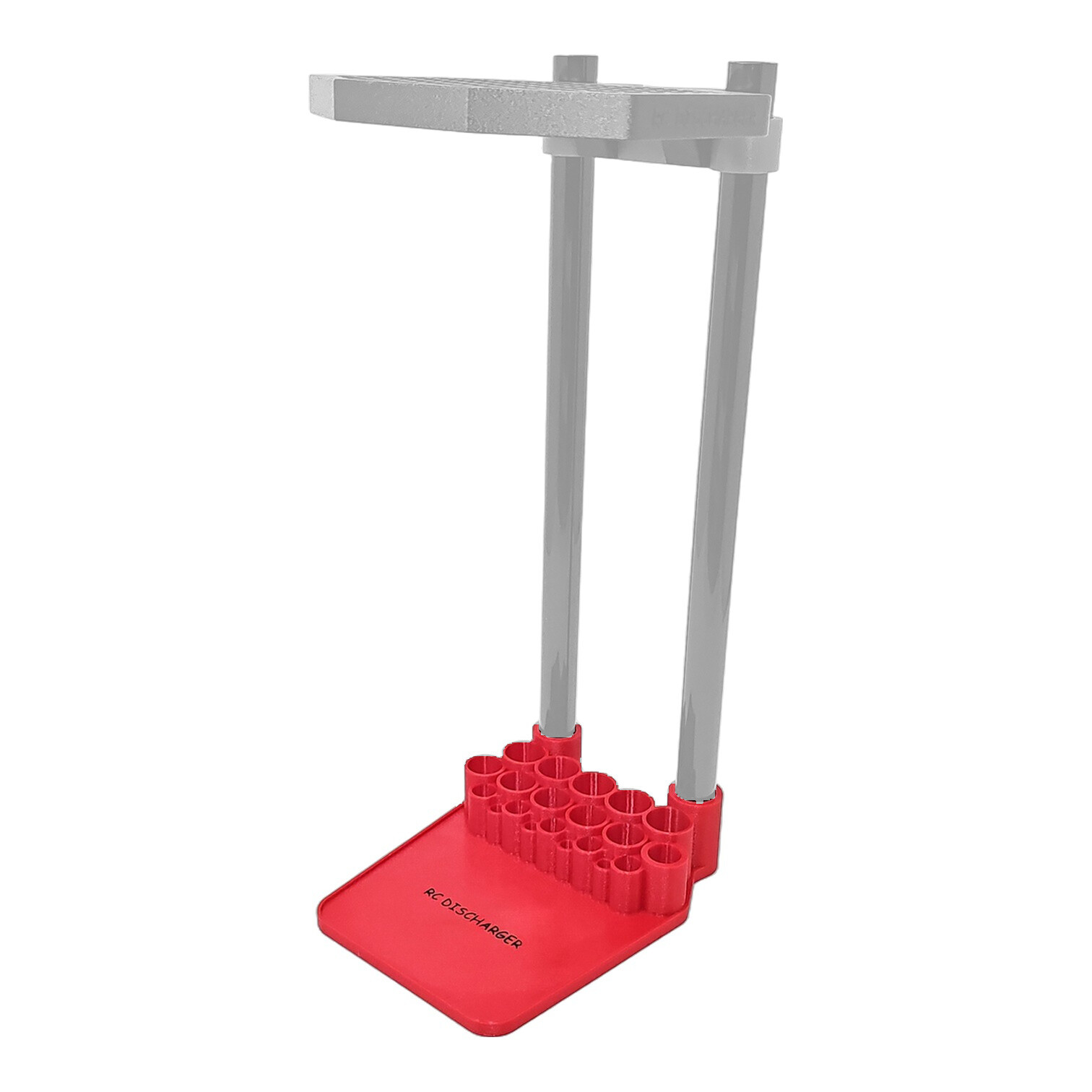Red RC battery charger stand with multiple cylindrical slots and two vertical support rods on white background