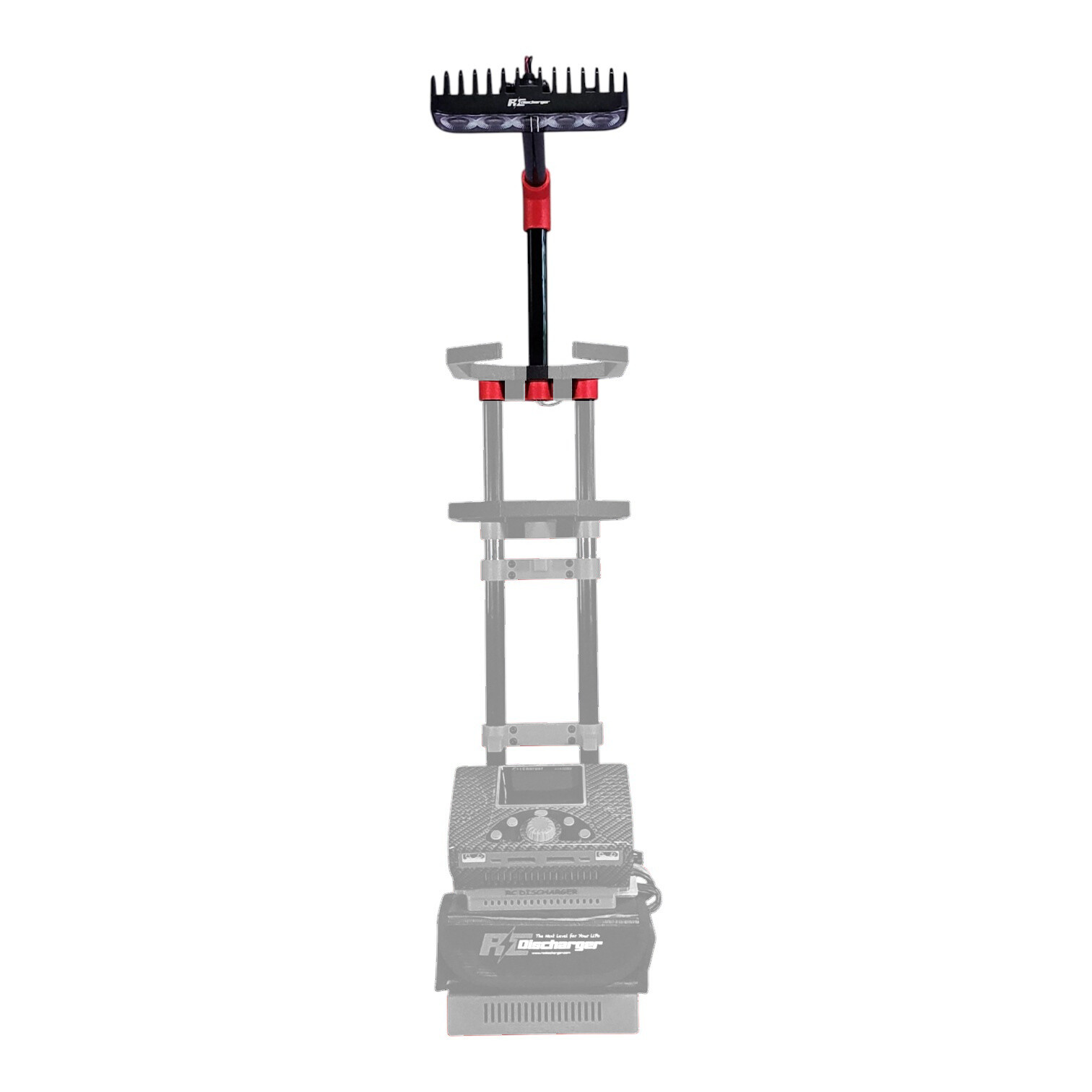 RC Discharger battery discharger stand with cooling fan and adjustable metal frame on white background