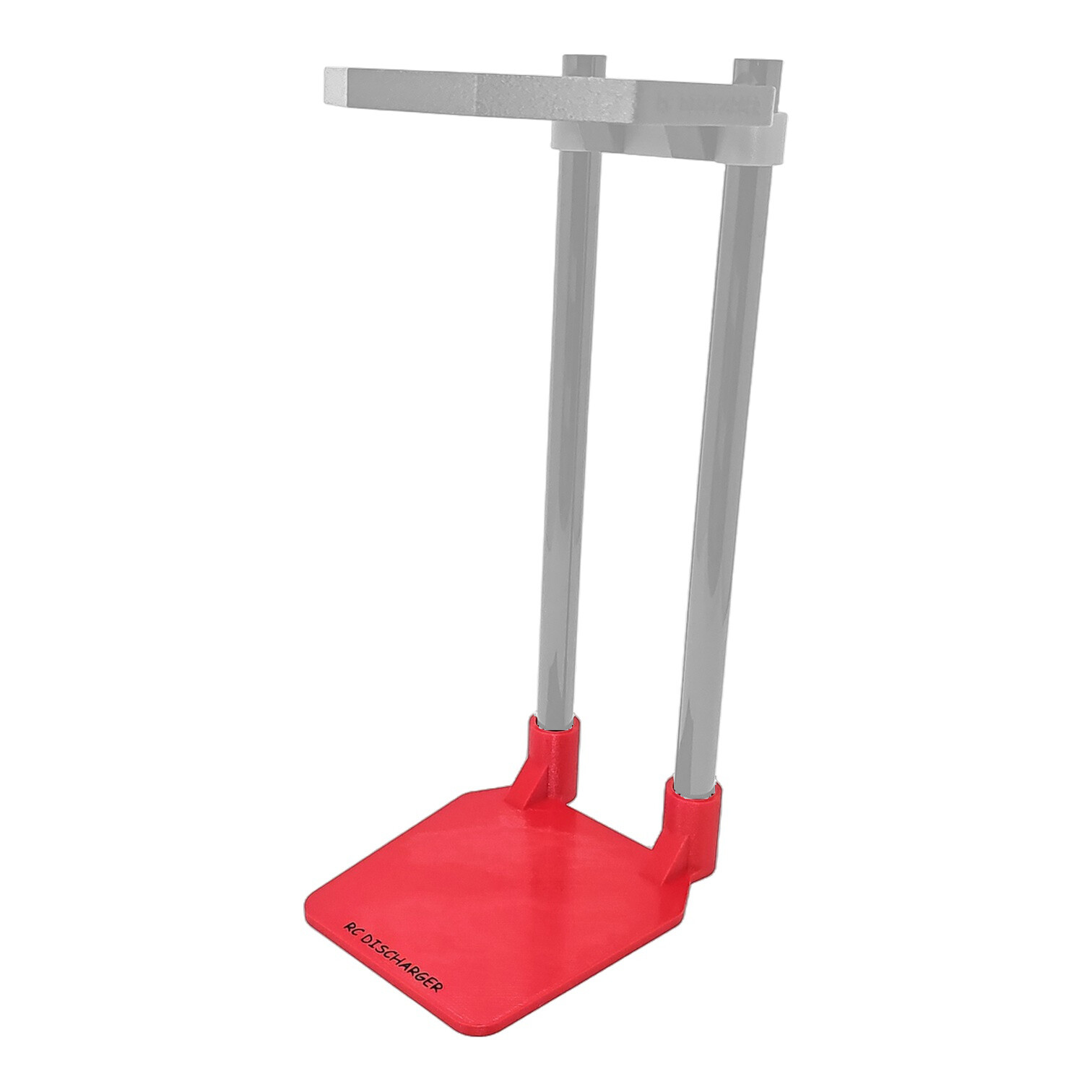 Red and gray RC discharger stand with two vertical posts and top crossbar on a white background