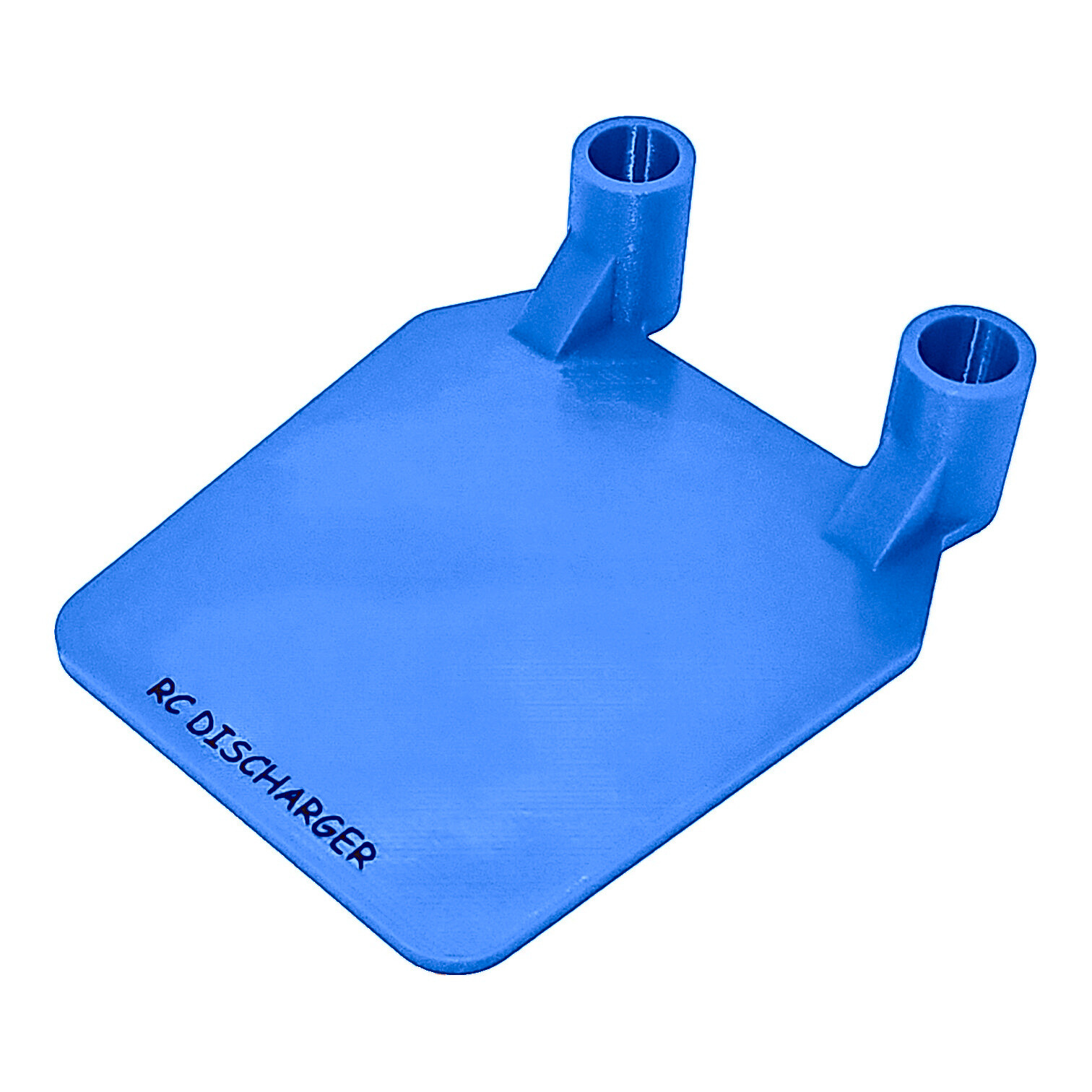 Blue RC discharger stand with two cylindrical holders on a square base, isolated on white background
