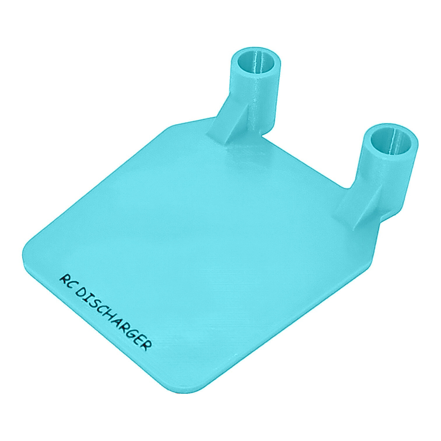 Turquoise RC Discharger stand with two vertical tube holders on a square base, 3D-printed accessory