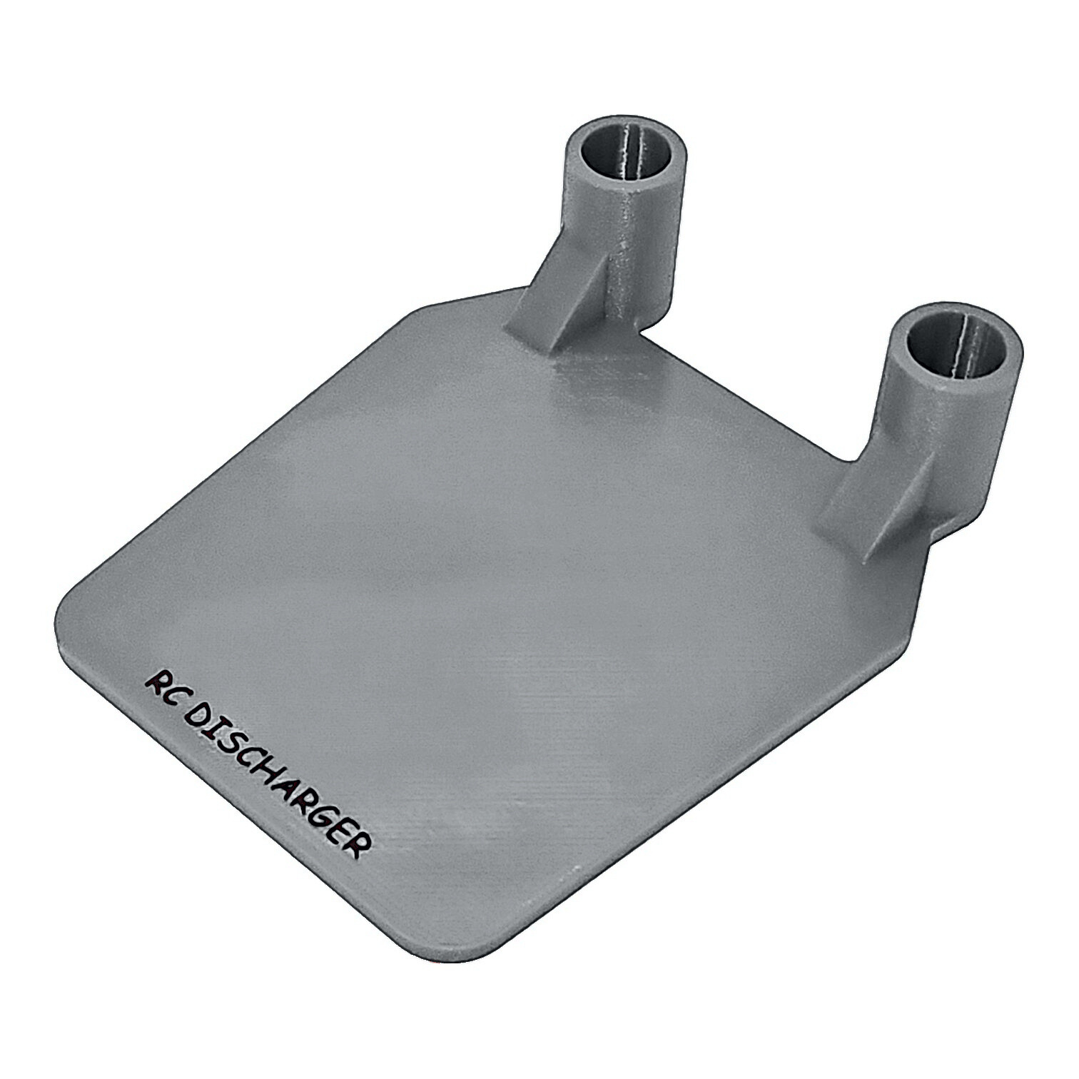 Gray 3D-printed RC discharger stand with two vertical tube holders on a square base, labeled “RC DISCHARGER”