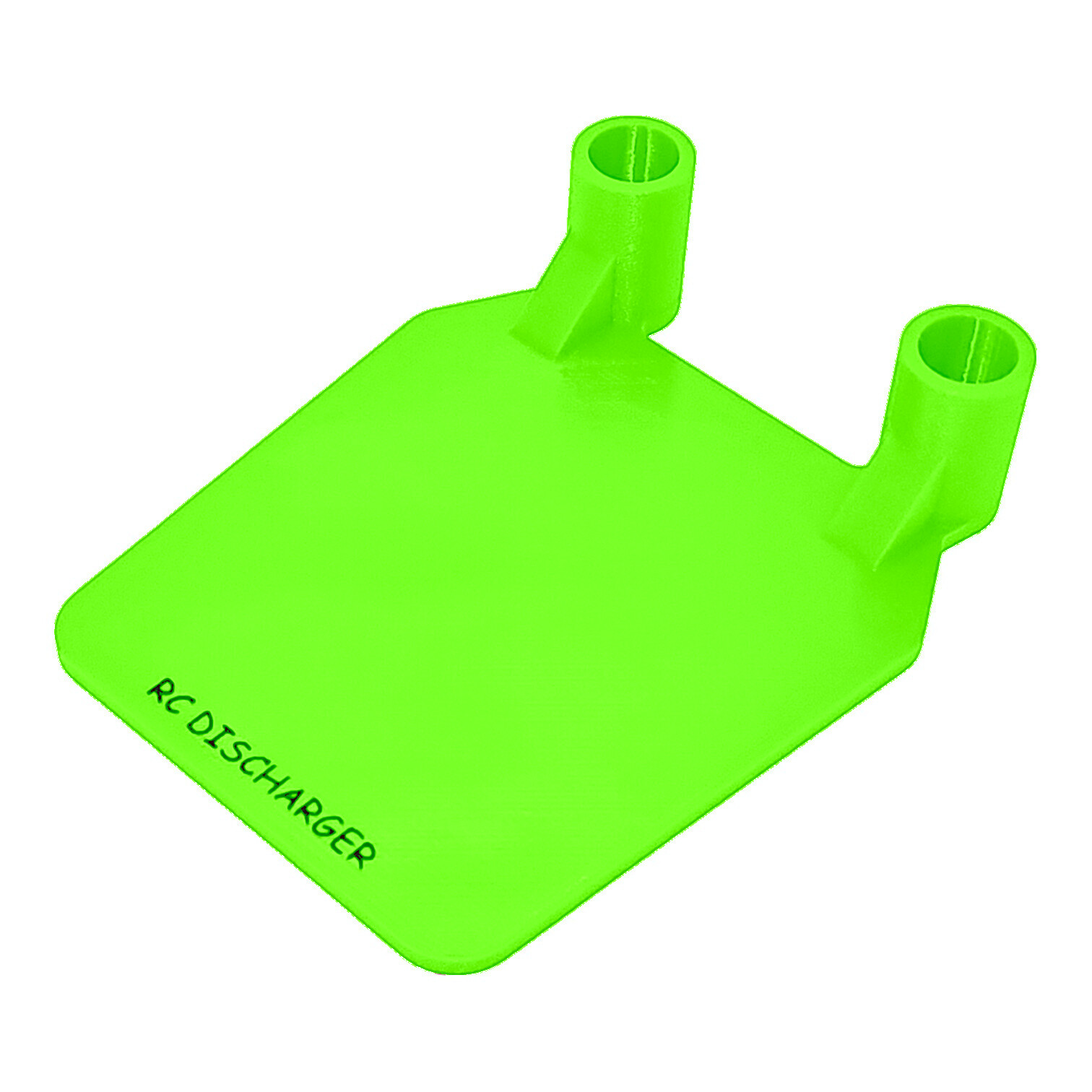 Neon green RC discharger stand with two cylindrical holders on a flat base, isolated on white background