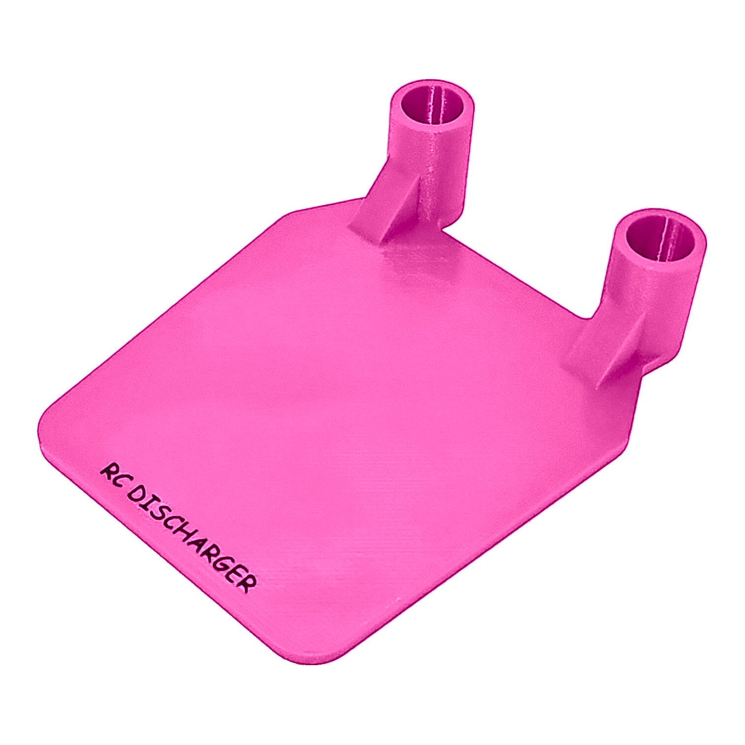 Pink RC discharger stand with two vertical tube holders on a square base, isolated on white background