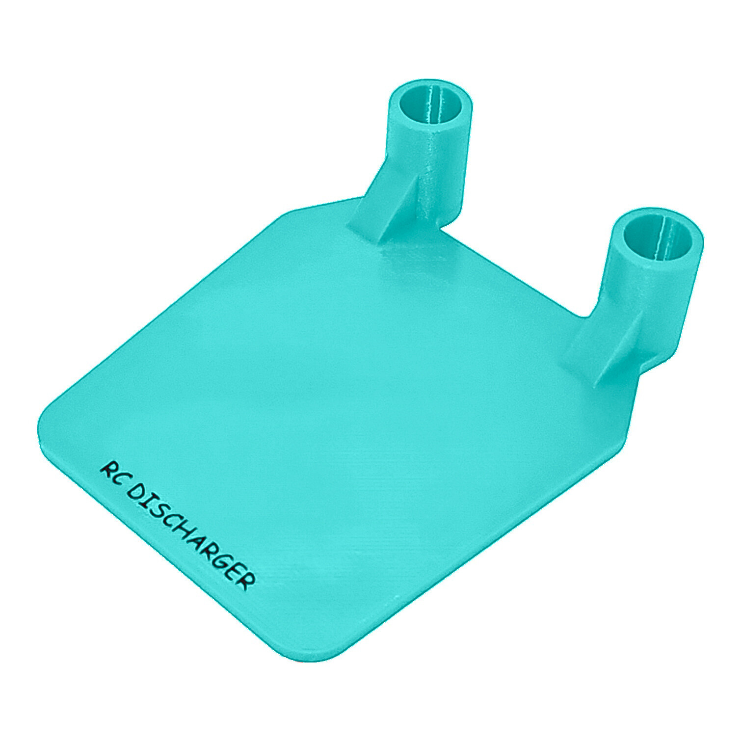 Turquoise RC discharger stand with two cylindrical holders on a square base, isolated on white background