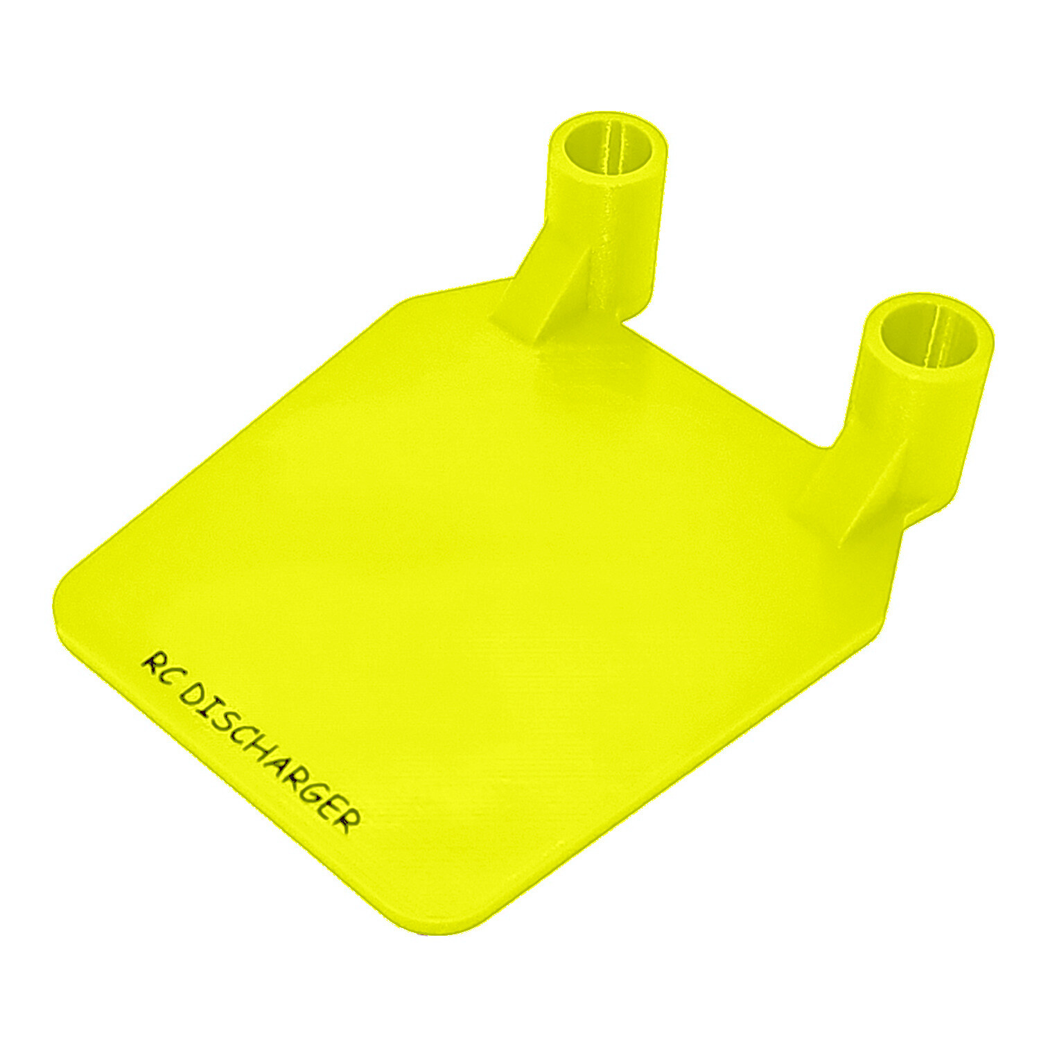 Neon yellow RC discharger tool with dual tube mounts, 3D-printed plastic accessory on white background