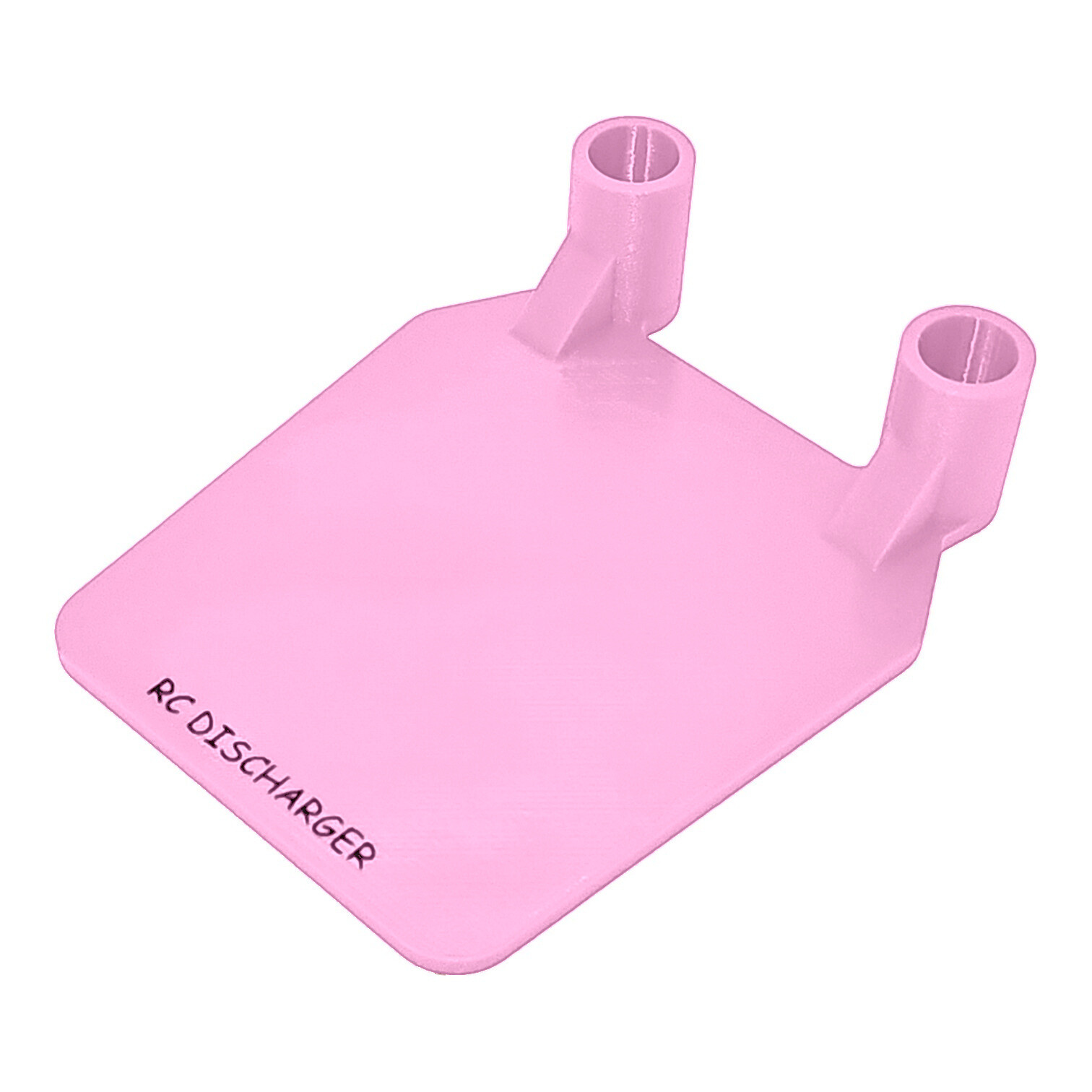 Pink RC discharger stand with two cylindrical holders on a flat base, isolated on white background