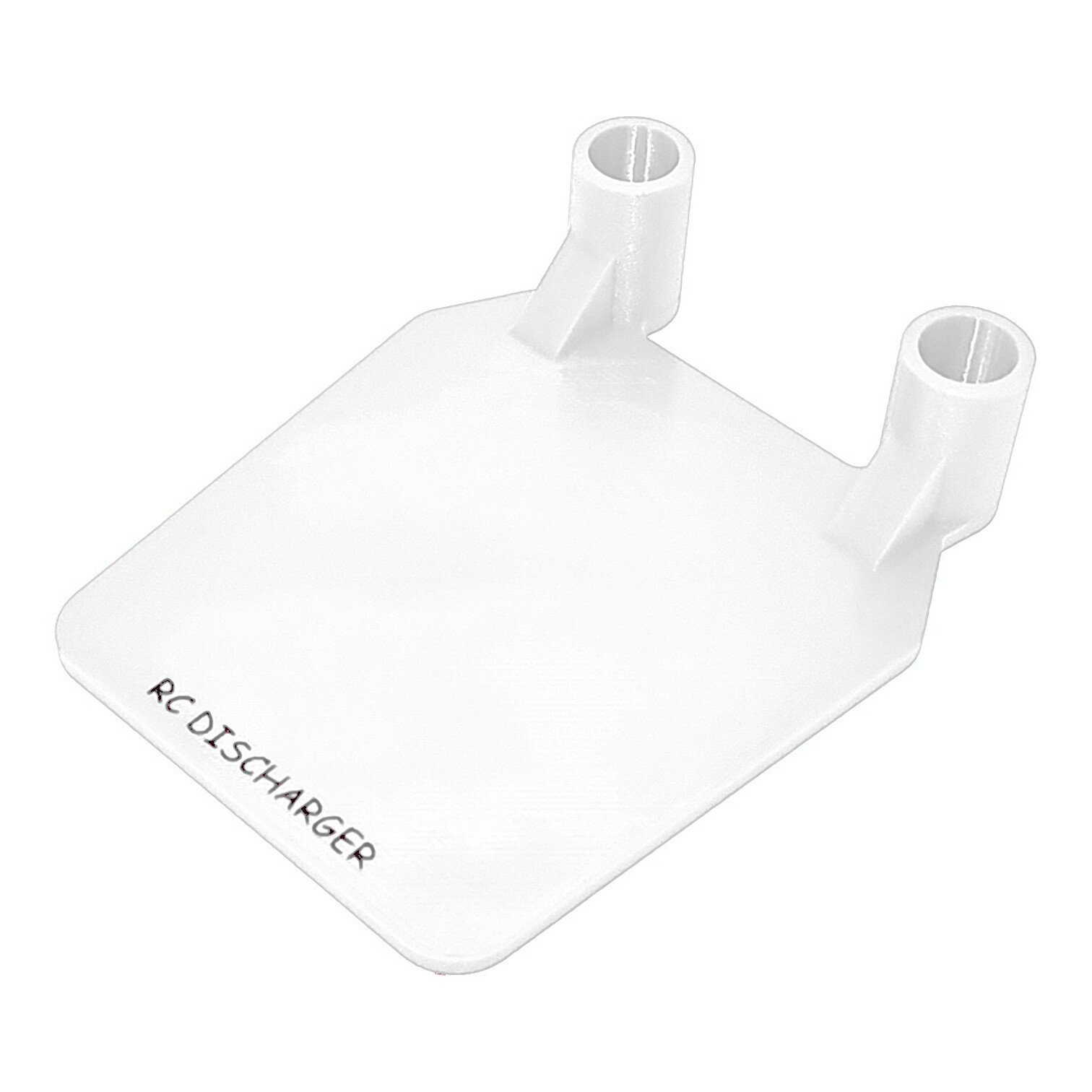 White plastic RC battery discharge connector adapter with dual tube ports on a flat base, isolated on white background