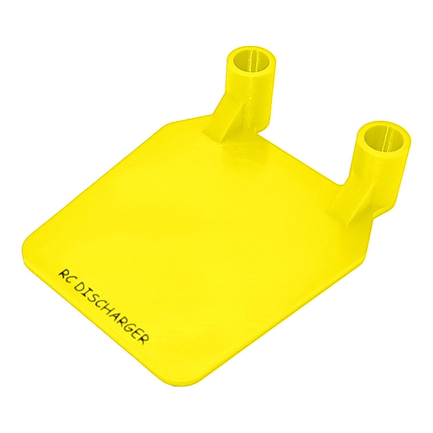 Yellow RC discharger charging stand with two upright tube holders on a flat base, isolated on white background