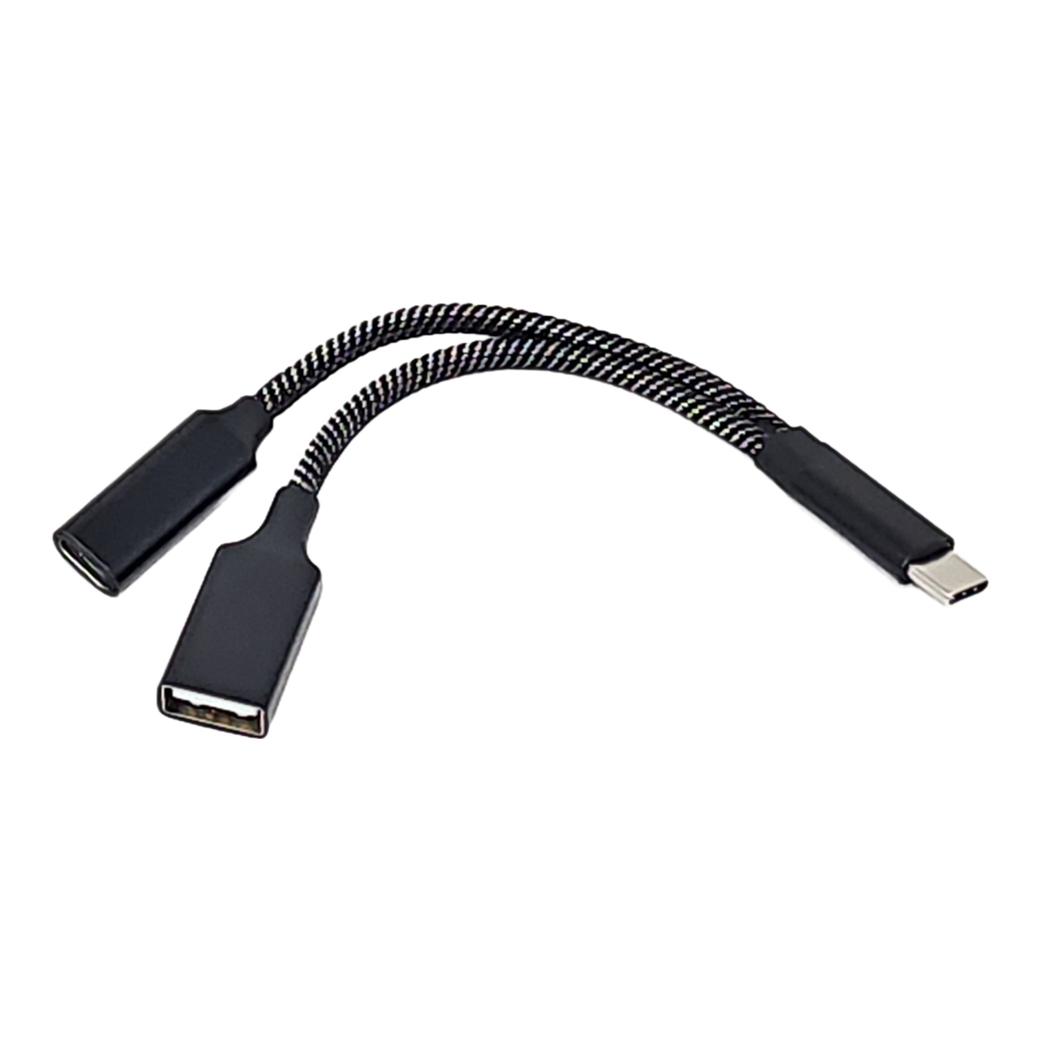 Braided USB-C to USB-A and 3.5mm headphone jack adapter cable, black Y-splitter dongle
