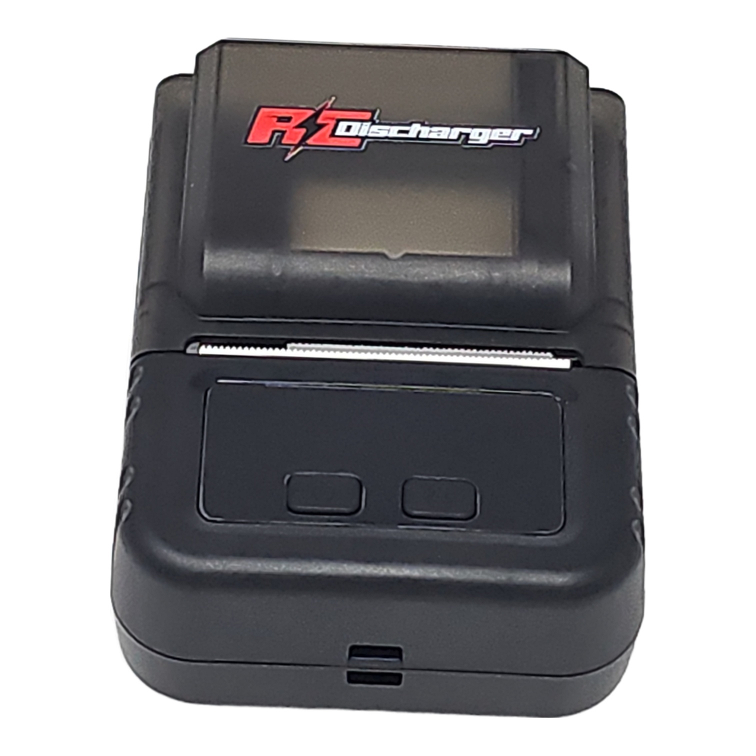 RC Discharger portable thermal receipt printer, black handheld POS printer with buttons and paper slot