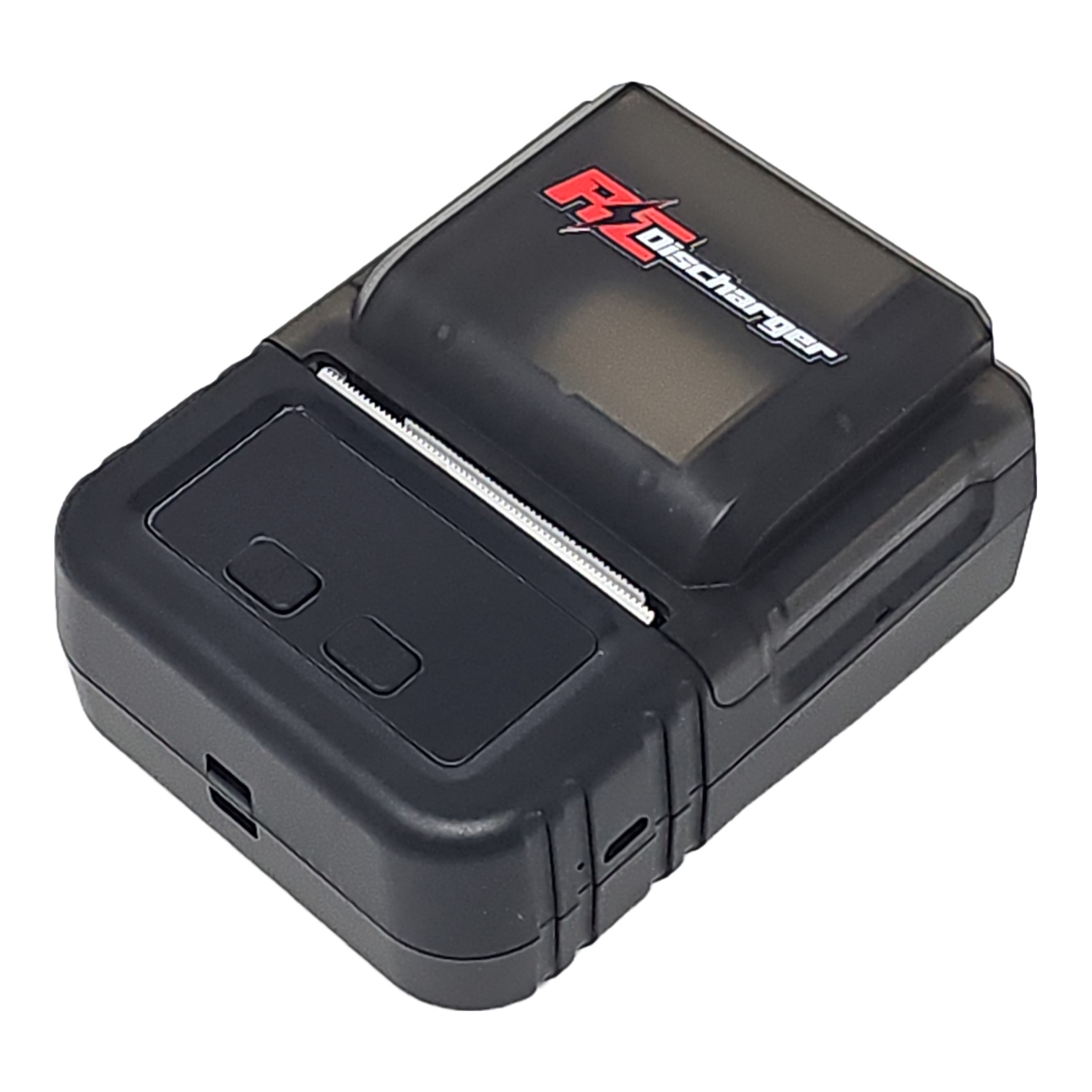 Black portable thermal receipt printer with buttons and paper feed slot, angled product view on white background