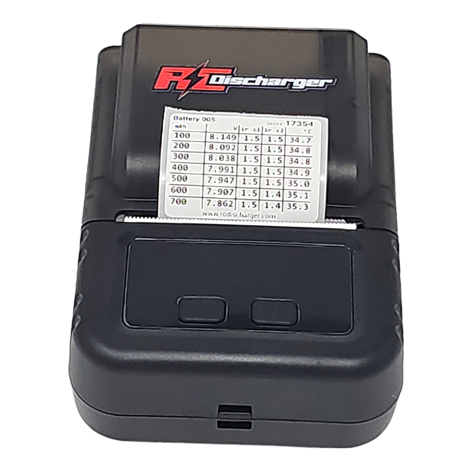 RC Discharger battery discharger with printed voltage and temperature data label on front panel